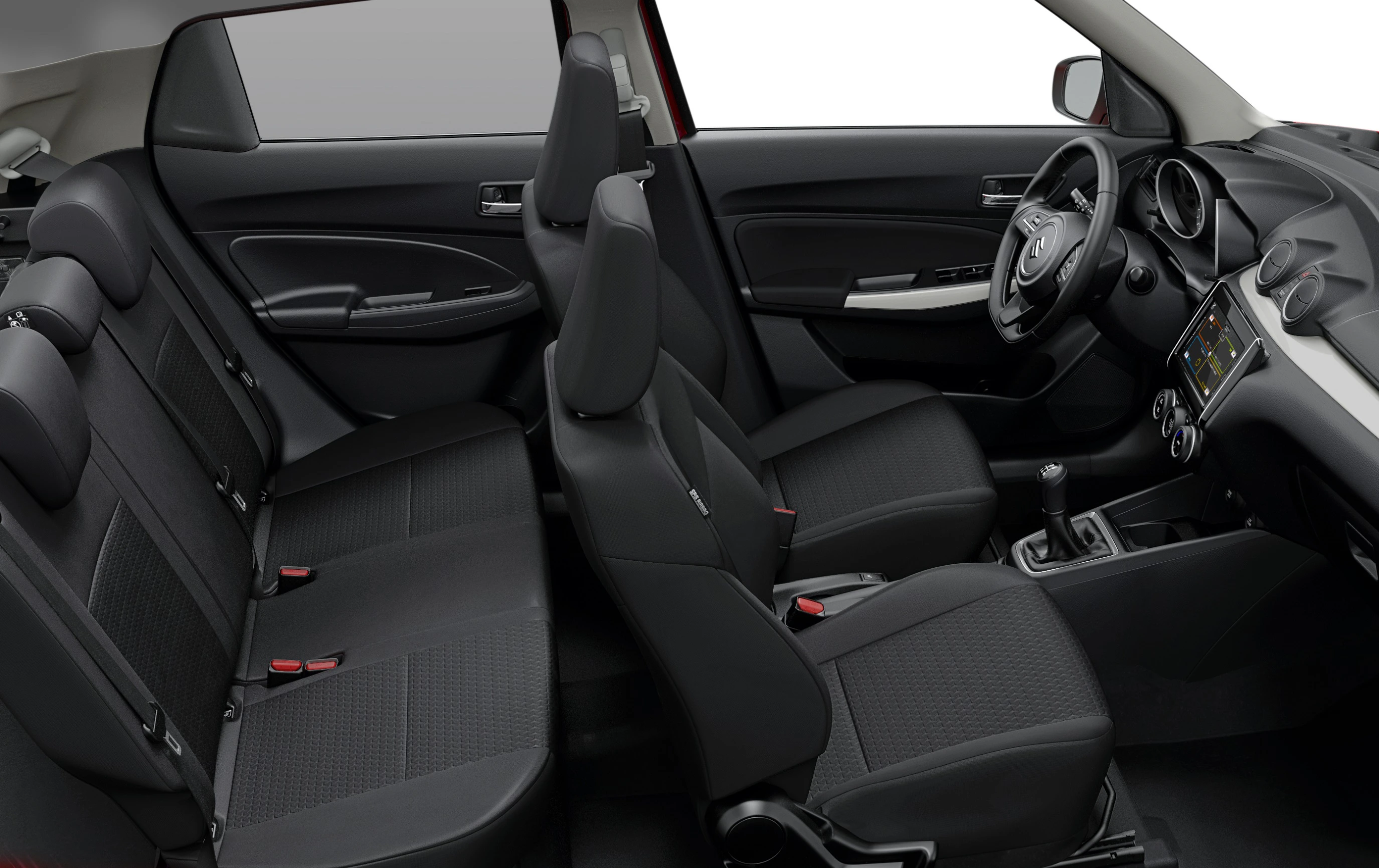 Innenraum eines Autos mit schwarzen Sitzen, vorderen zwei Sitzen und zweireihiger Rückbank. Modernes Armaturenbrett mit Schaltgetriebe.