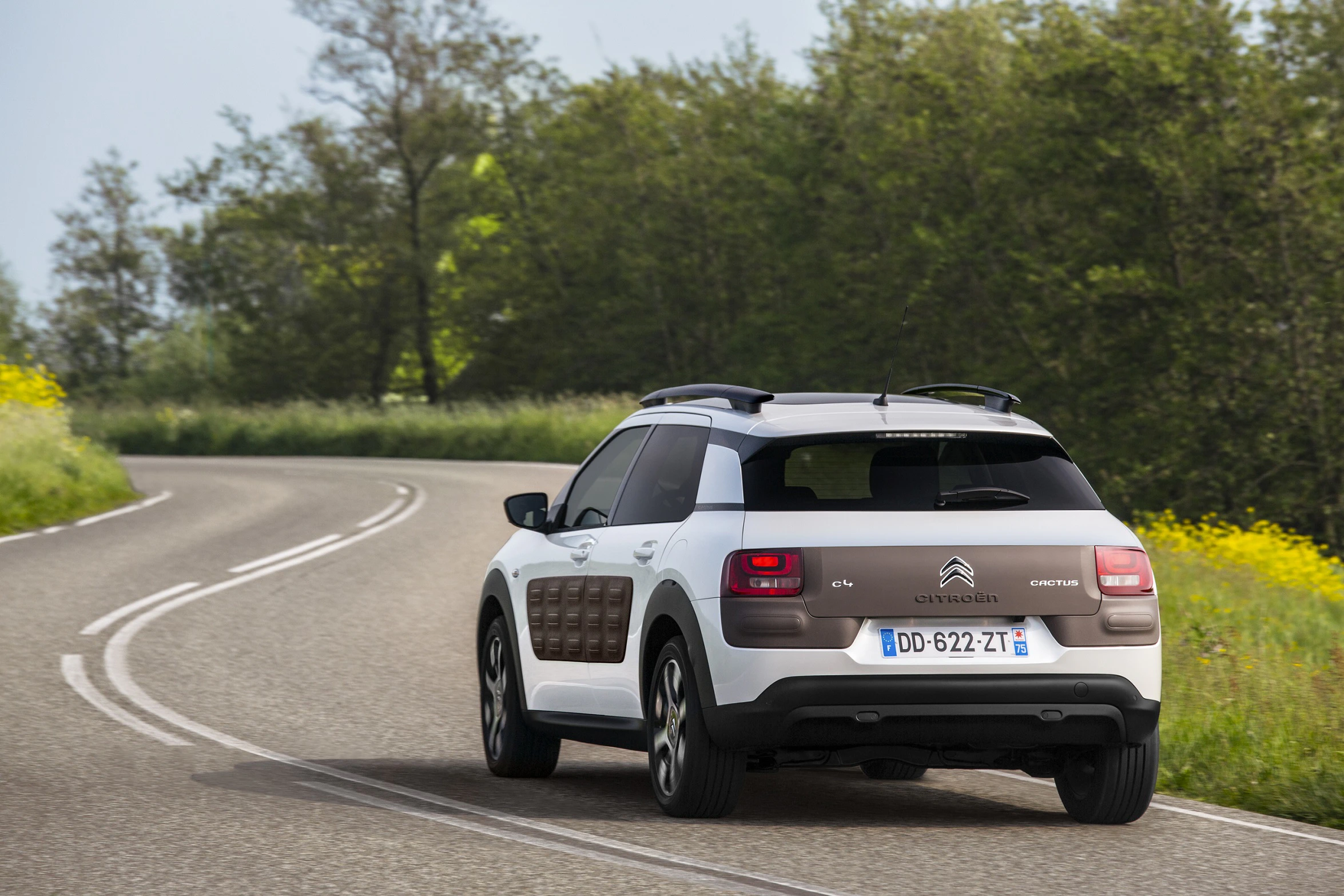 Ein weiß-brauner Citroën C4 Cactus fährt auf einer kurvigen Landstraße, umgeben von Bäumen und blühenden Wiesen.