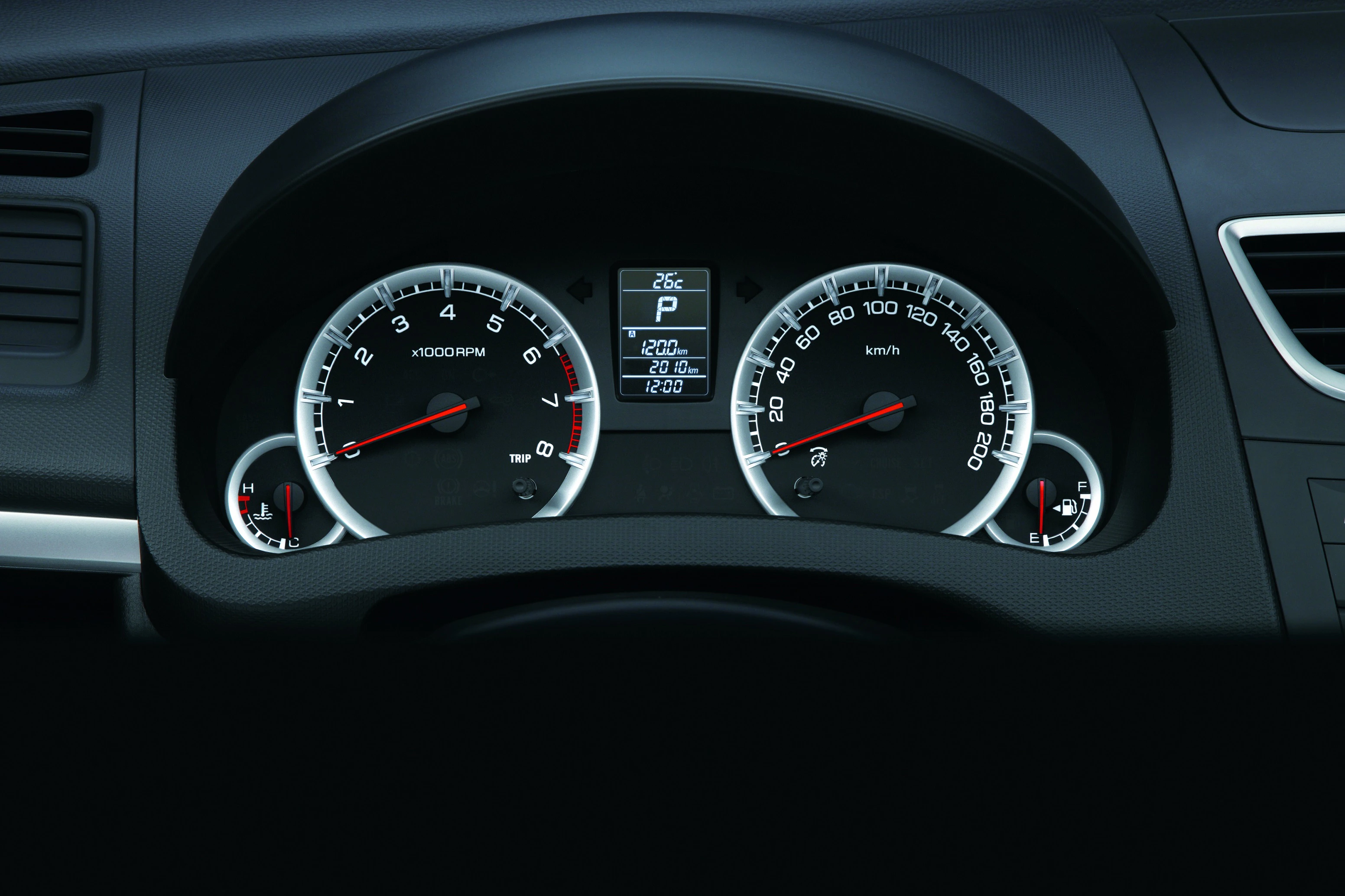 Armaturenbrett eines Autos mit Tachometer, Drehzahlmesser und digitaler Anzeige. Geschwindigkeit und Temperatur sind sichtbar.
