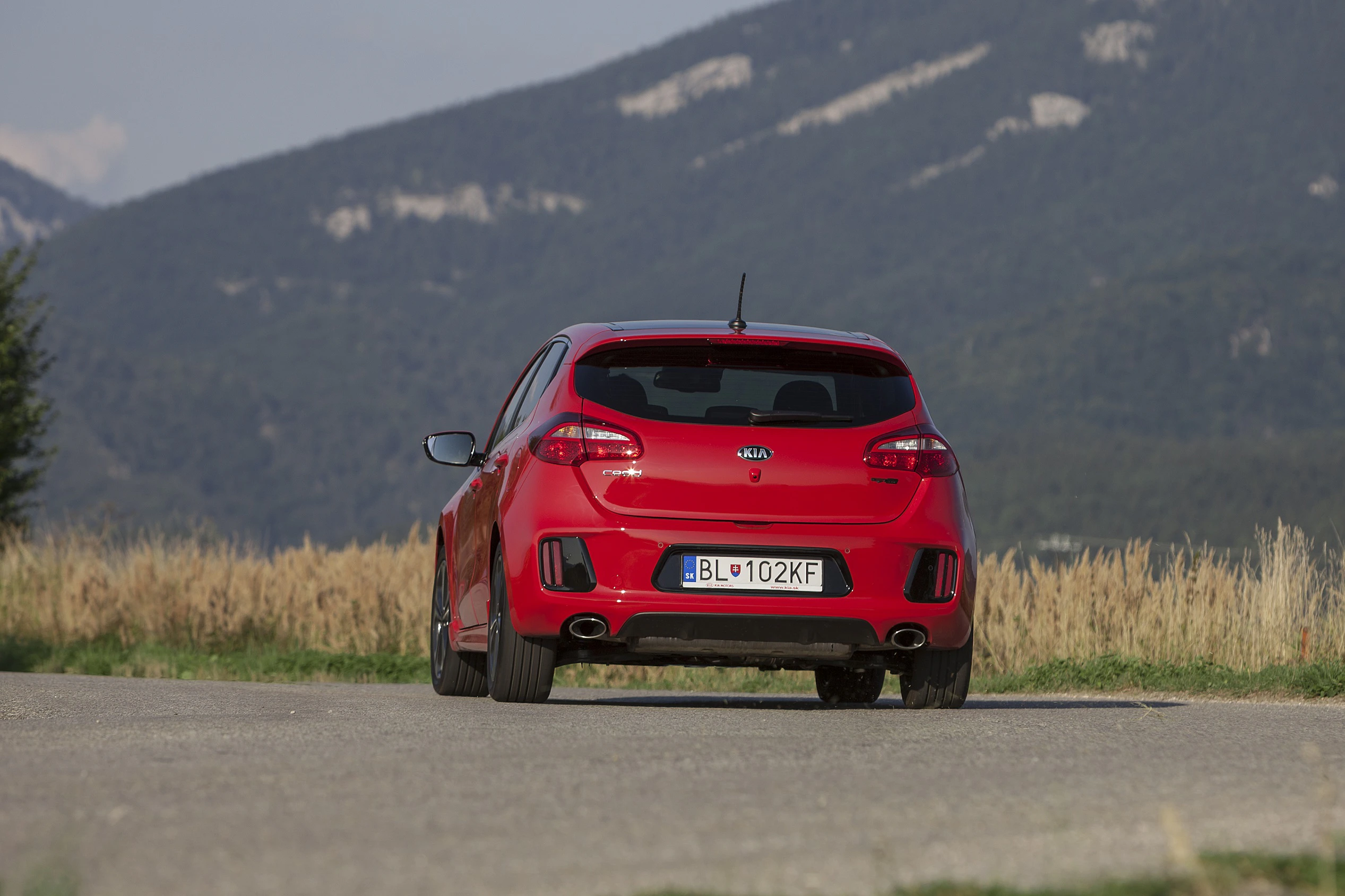 Rotes Auto auf Landstraße vor bergiger Kulisse. Rückansicht mit offenem Feld und Bergen im Hintergrund.