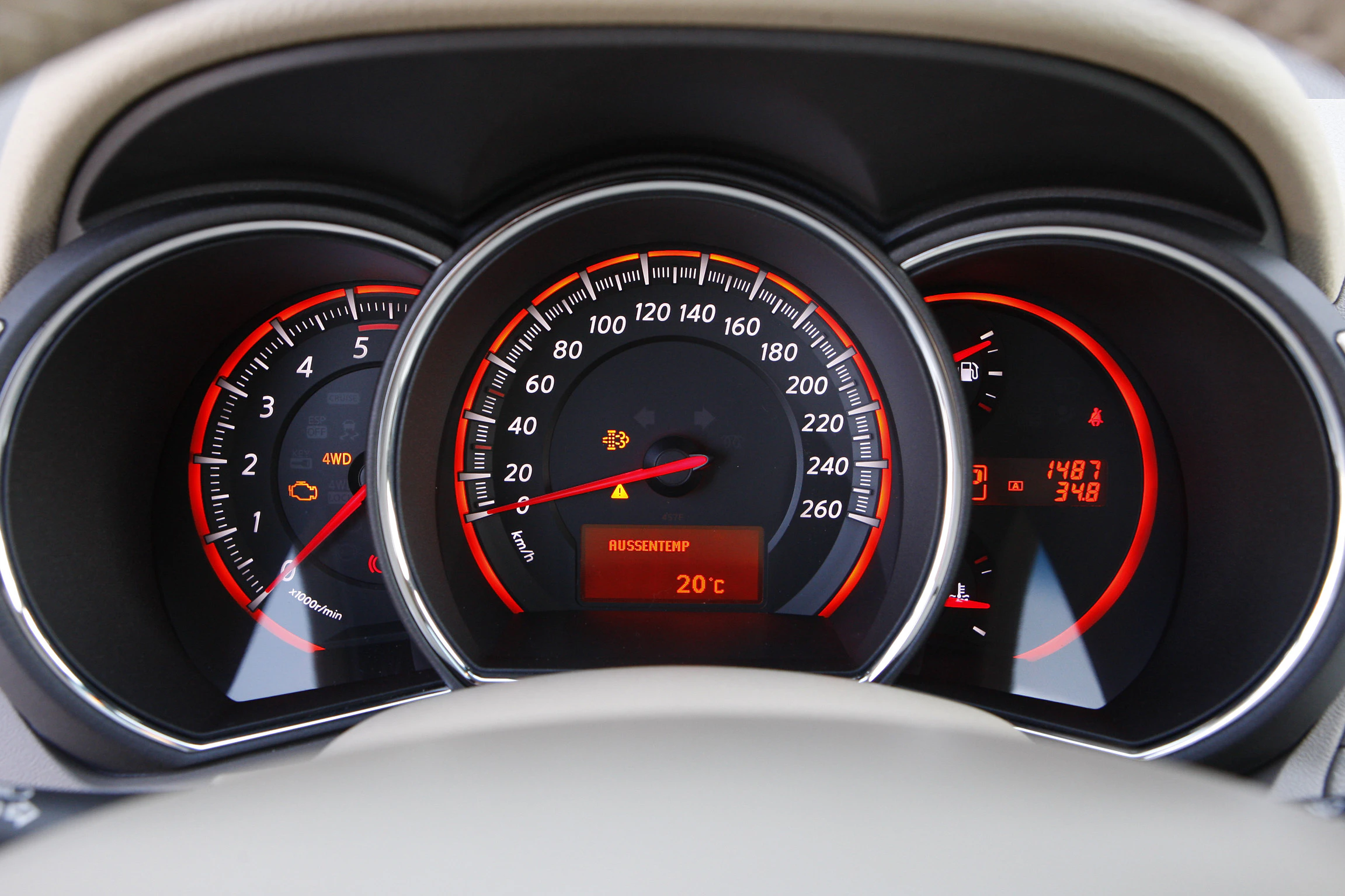 Nahaufnahme eines Autotachos mit analogem Geschwindigkeitsmesser. Anzeige zeigt 20 °C und 1487 km Reichweite an.