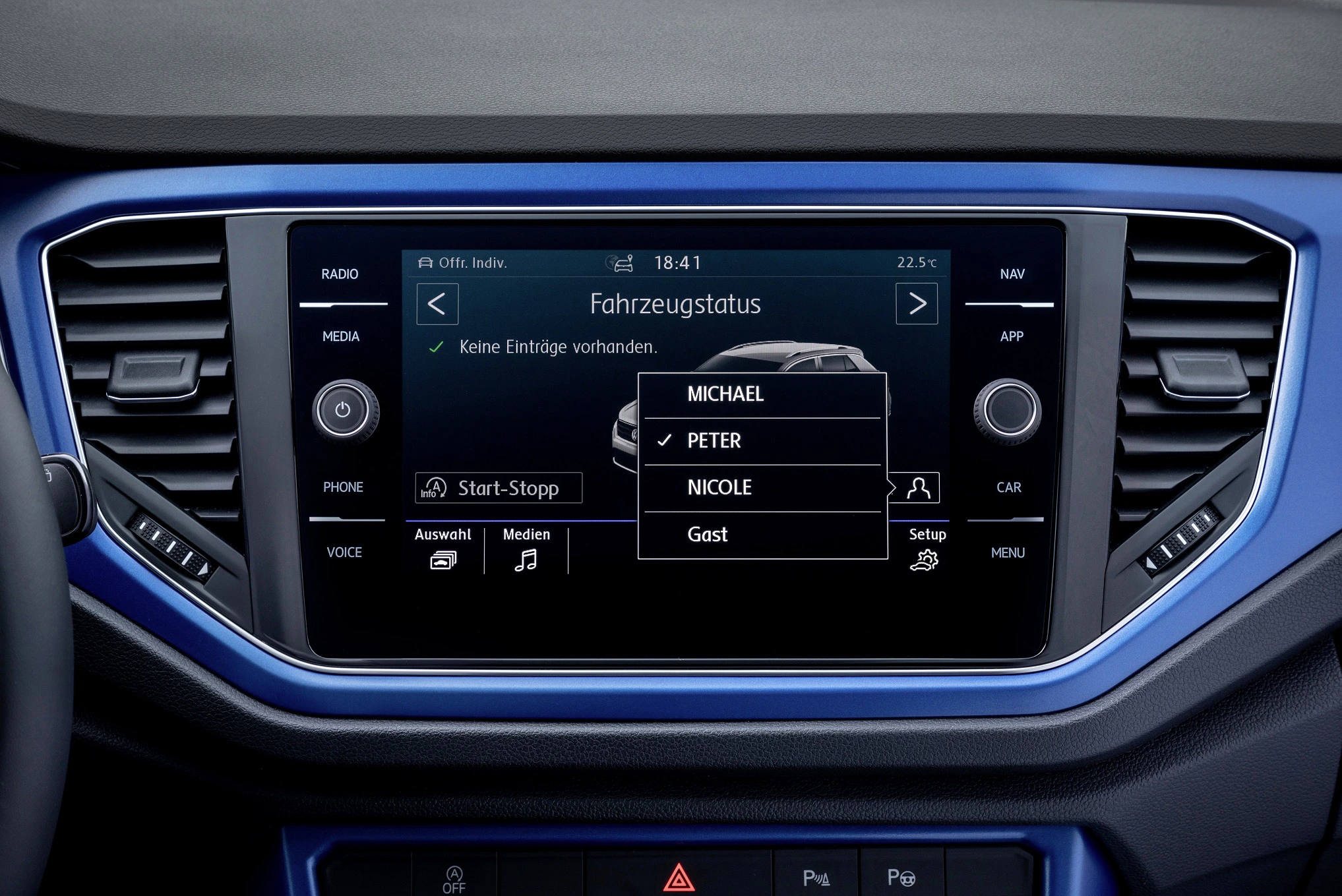 Autodisplay mit Fahrzeugstatusanzeige. Benutzerprofile: Michael, Peter, Nicole, Gast. Optionen für Radio, Medien, Telefon, und mehr.