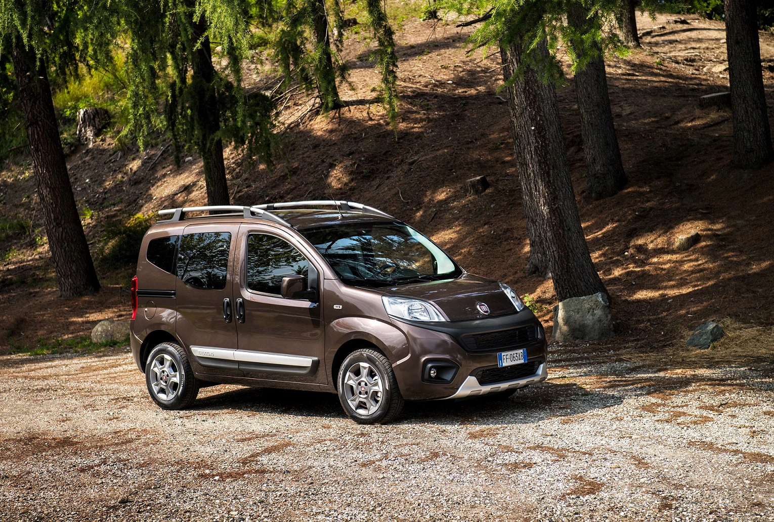 Brauner Minivan parkt auf Schotterweg in einem Wald. Bäume im Hintergrund, Sonnenlicht fällt durch das Blätterdach.