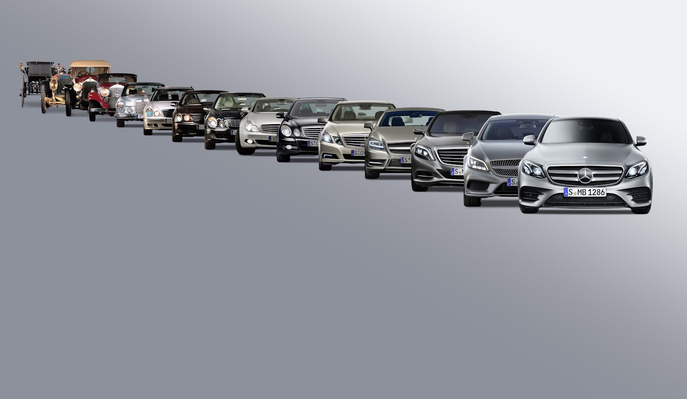 Historische Entwicklung von Mercedes-Benz Fahrzeugen, von einer Kutsche bis zu modernen Autos in einer Reihe auf grauem Hintergrund.