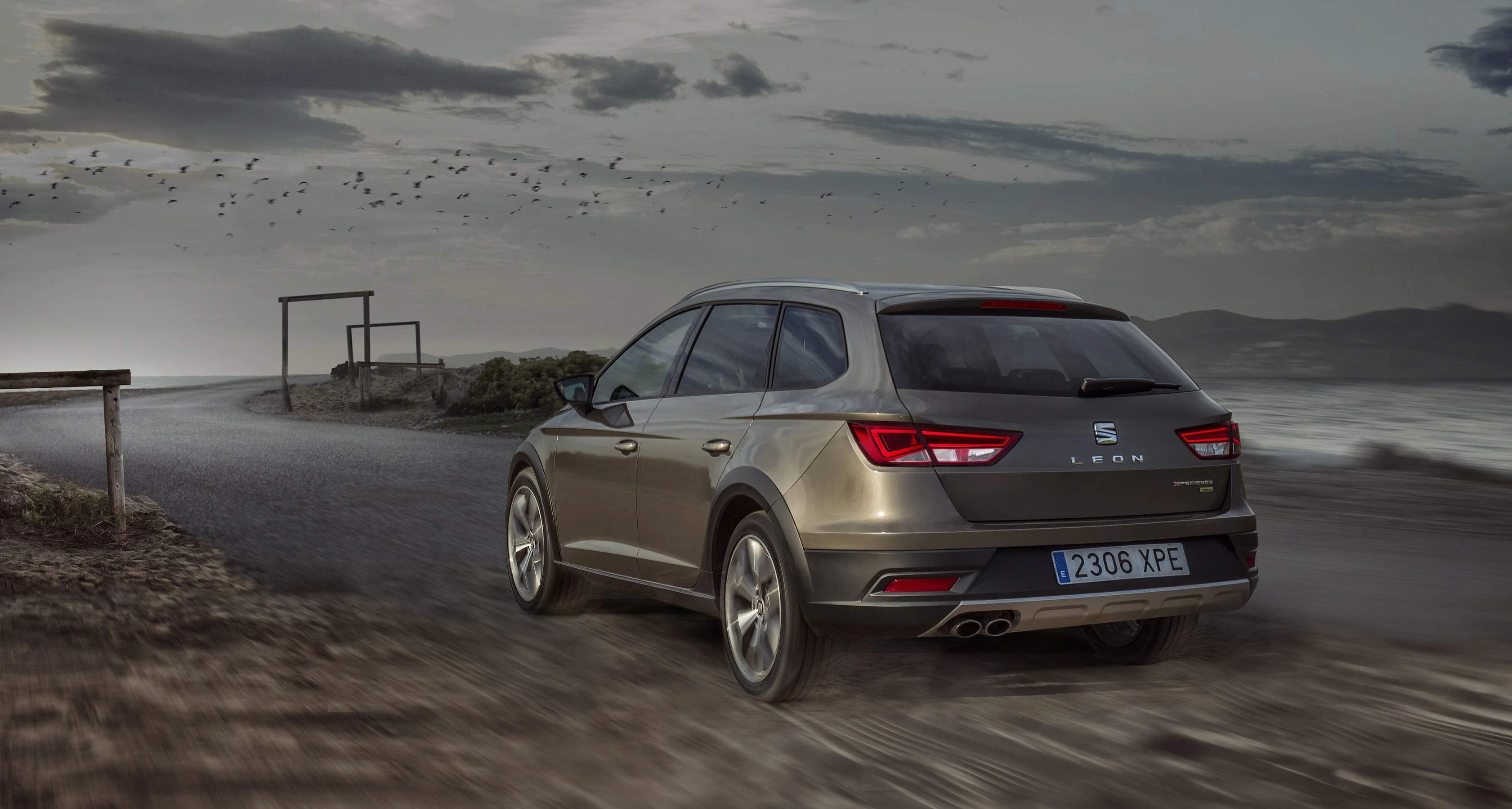 Ein grauer Seat Leon fährt bei dämmernder Landschaft auf einer kurvigen Straße, mit Vögeln am Himmel und einem See im Hintergrund.