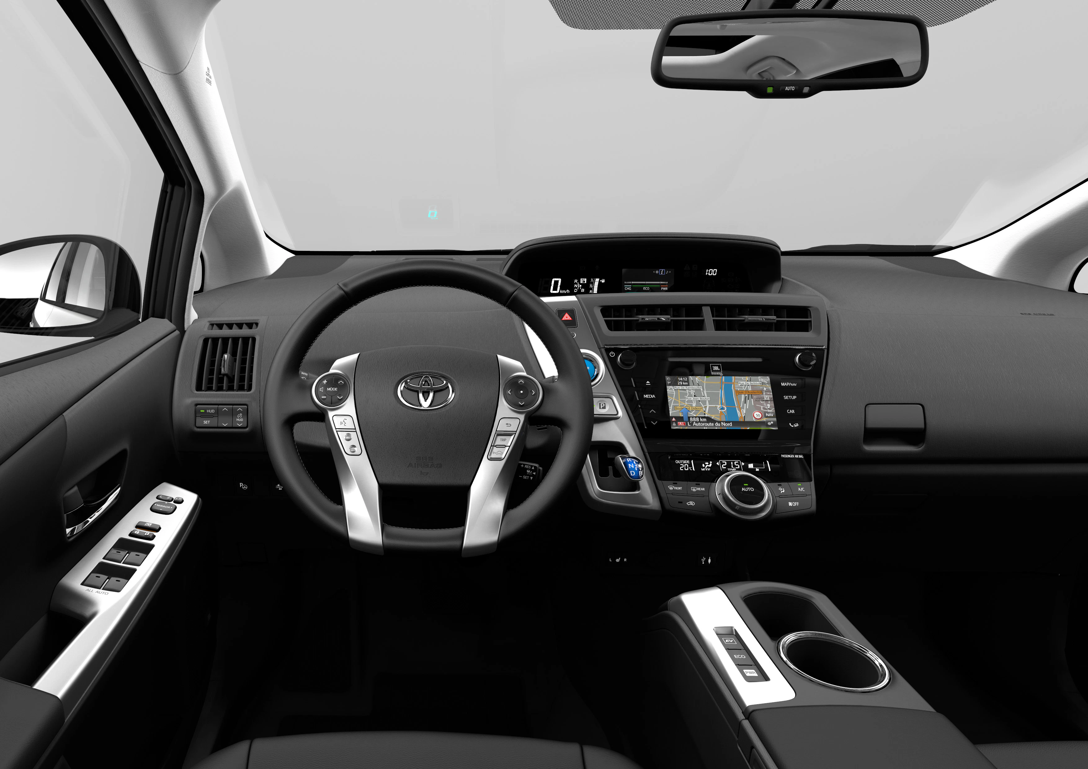 Innenraum eines modernen Autos mit Lenkrad, Touchscreen-Navigation und verschiedenen Bedienknöpfen. Elegantes, funktionelles Design.
