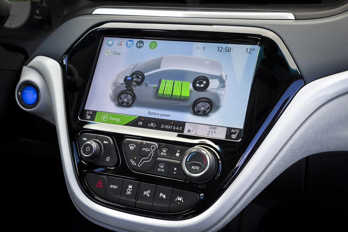 Nahaufnahme eines Autoinnenraums mit Touchscreen, der den Energiefluss und den Batteriestand eines Elektroautos anzeigt.