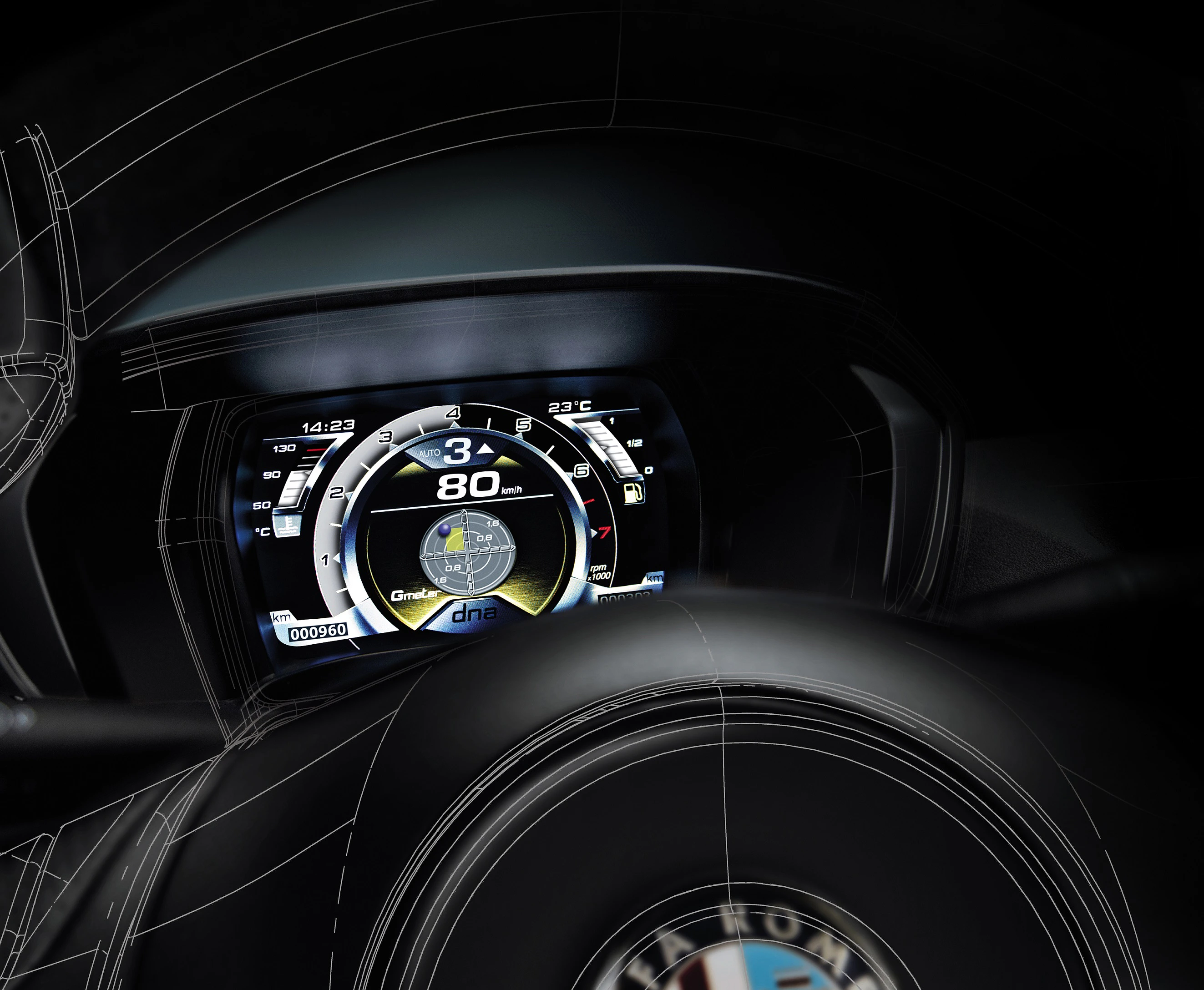 Digitales Auto-Cockpit, zeigt Tachometer bei 80 km/h, mit technischen Linien und einem Lenkrad im Vordergrund.