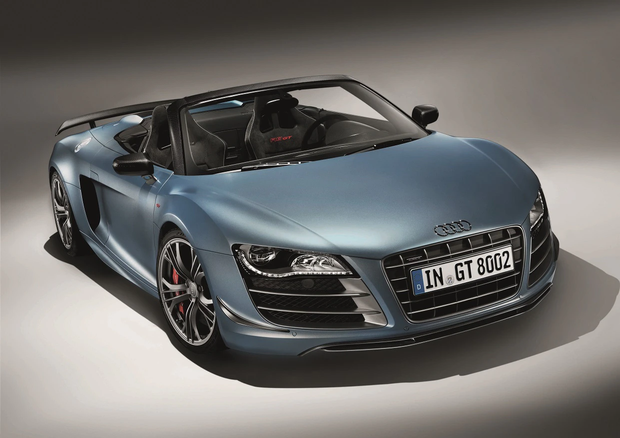 Blauer Audi R8 Spyder, Sportwagen mit offenem Verdeck, stehend auf grauem Hintergrund. Elegantes Design mit markanten Frontscheinwerfern.