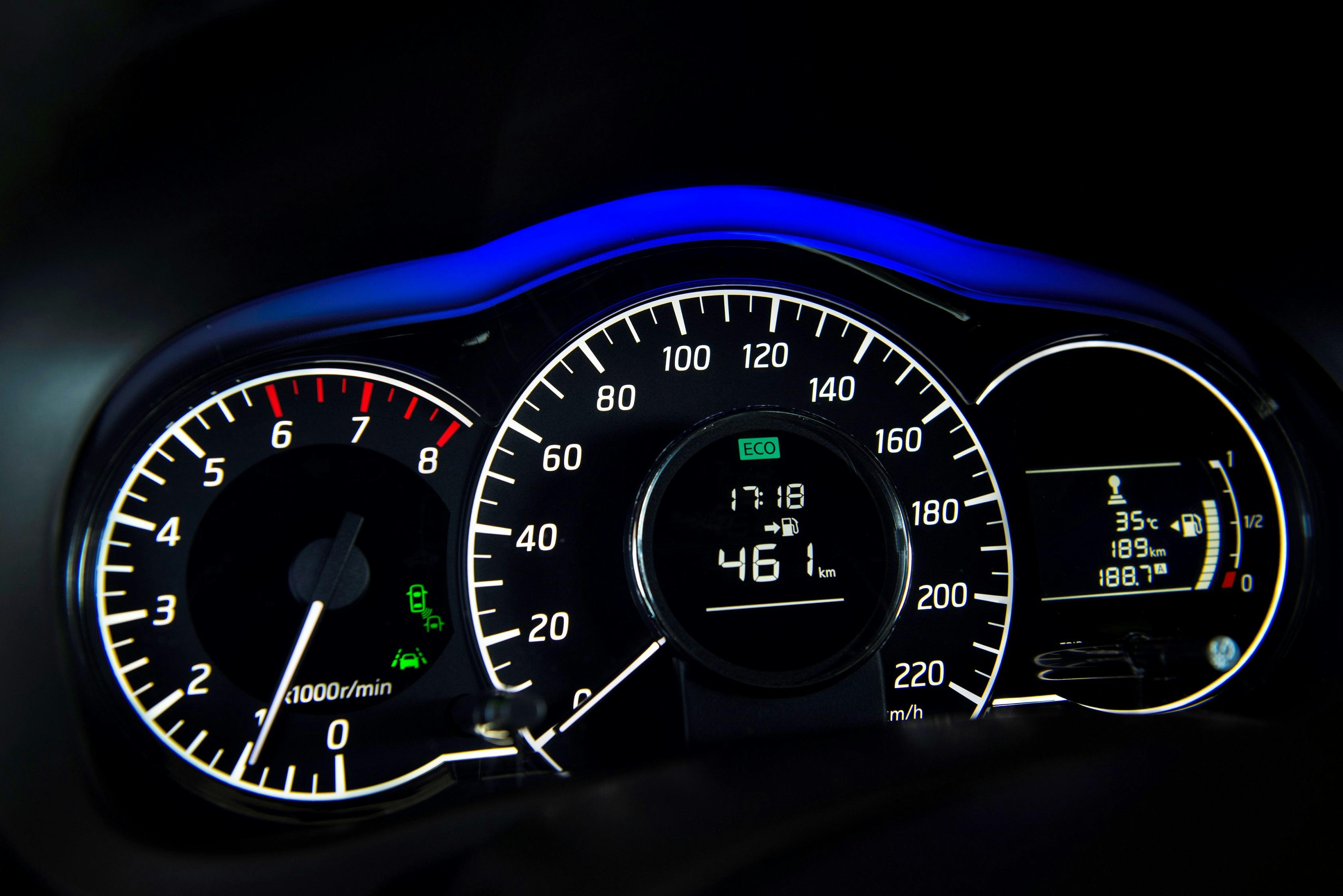 Nahaufnahme eines Auto-Tachometers bei Nacht. Geschwindigkeit, Drehzahl und Tankanzeige sind beleuchtet.