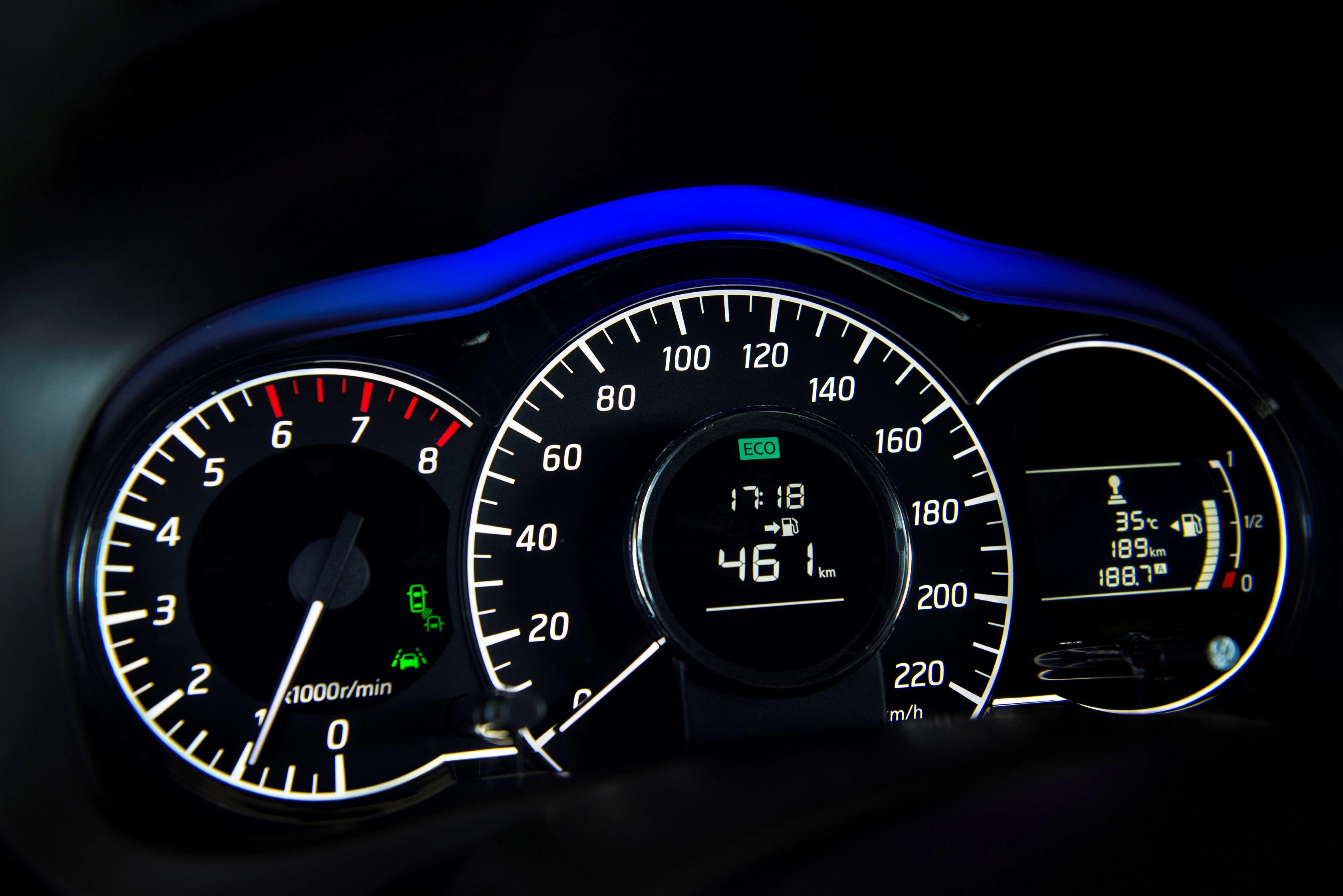 Nahaufnahme eines Auto-Tachometers bei Nacht. Geschwindigkeit, Drehzahl und Tankanzeige sind beleuchtet.