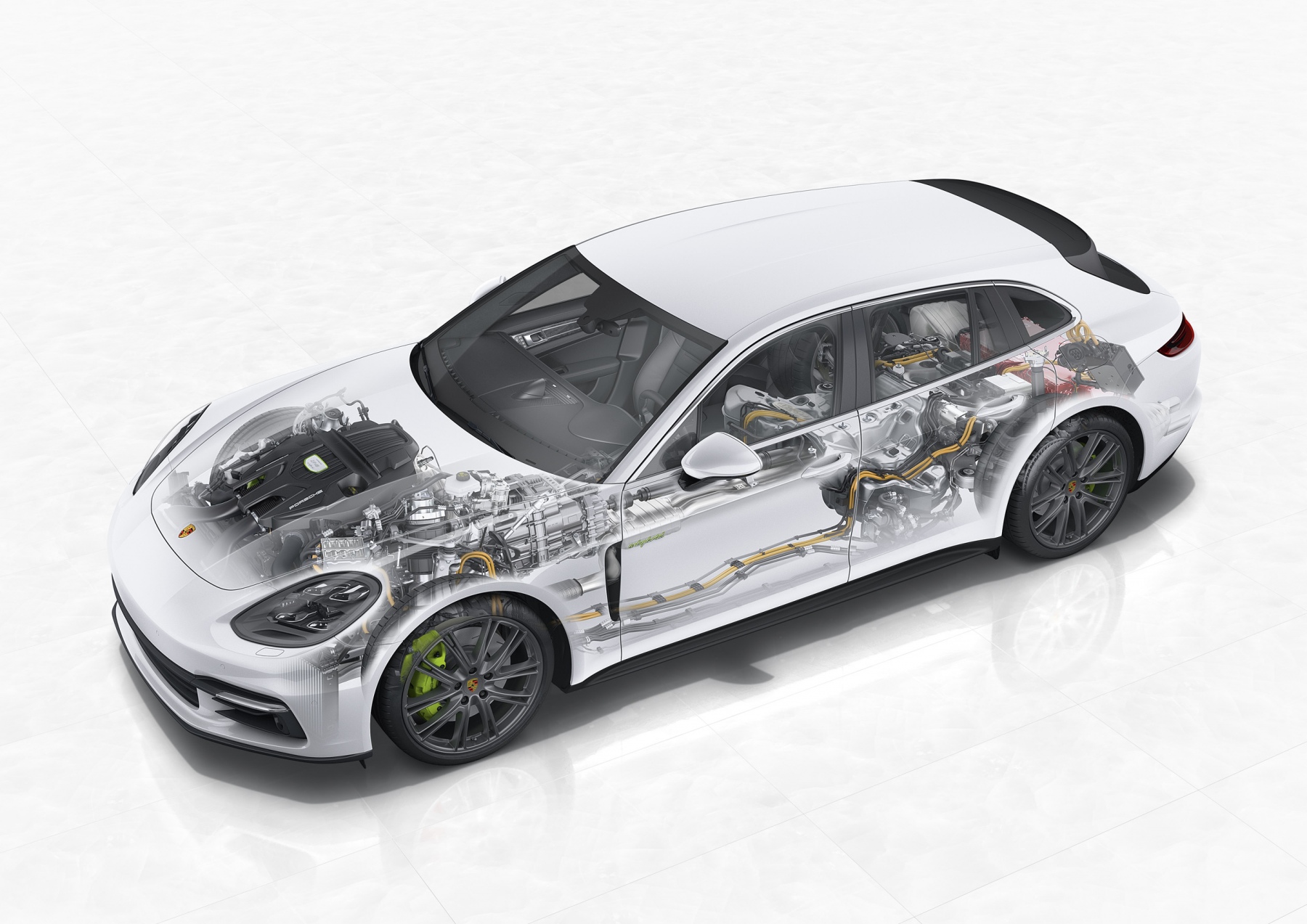 Weißer Sportwagen mit durchsichtiger Darstellung von Motor und Antriebstechnik auf weißem Hintergrund.