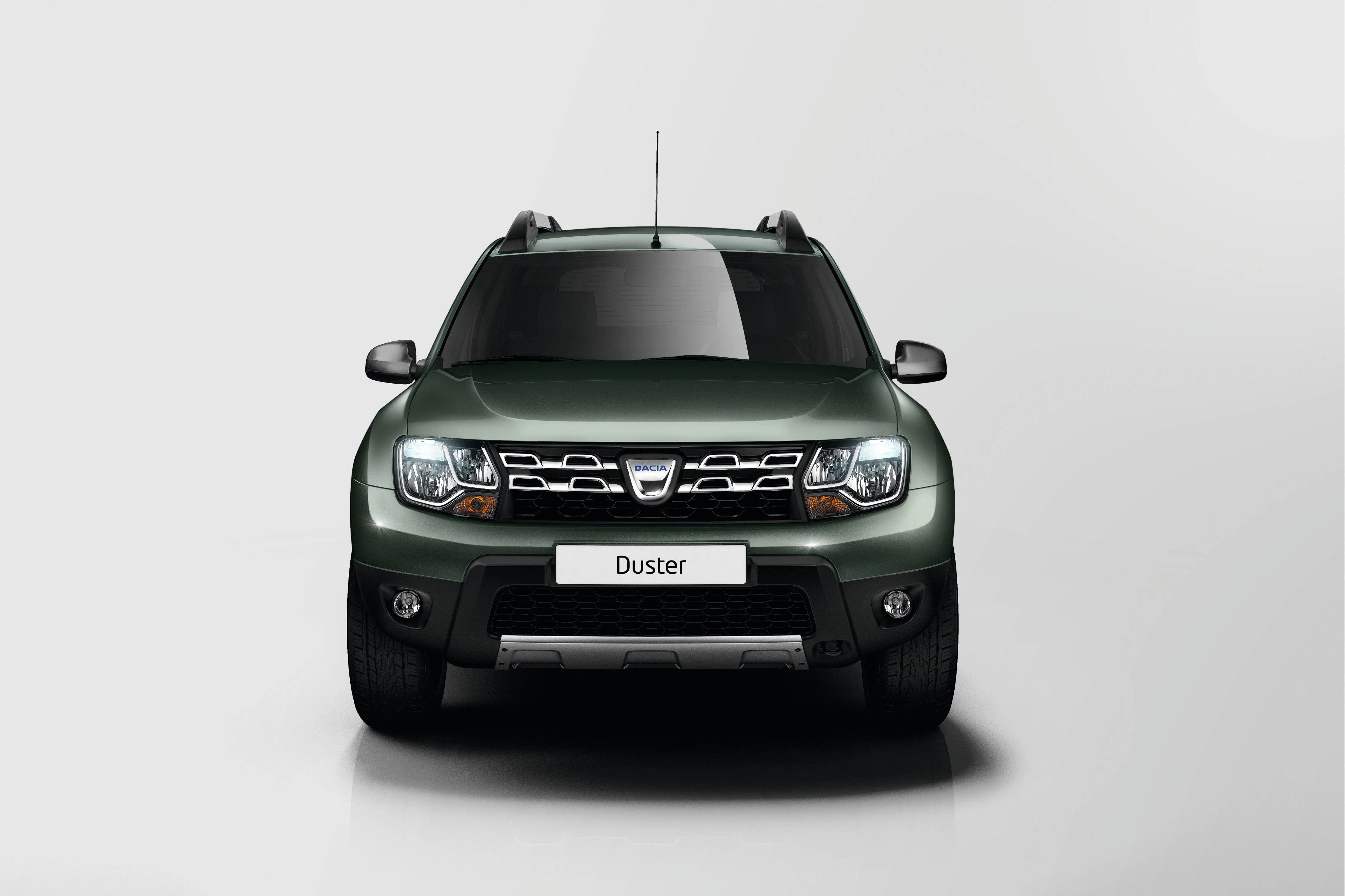 Grüne SUV-Frontansicht auf weißem Hintergrund, mit "Duster"-Logo, Scheinwerfer und Kühlergrill sichtbar, vereinfachtes Design.
