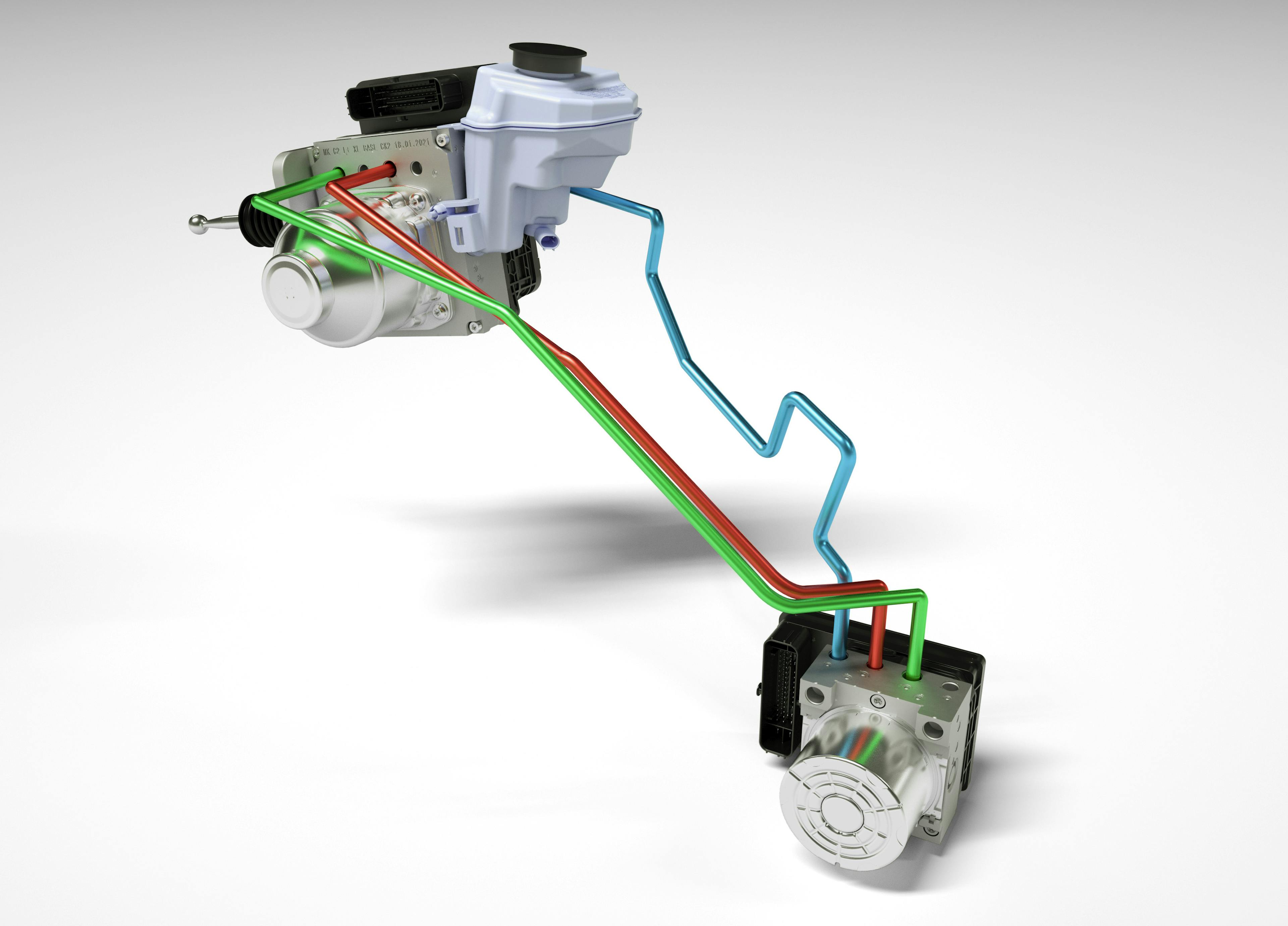 (BU) Continental hat eine elektrisch betätigte Bremse entwickelt, die eine hydraulische Rückfallebene besitzt. Der weiße Behälter an der Bremssteuereinheit enthält die Bremsflüssigkeit
