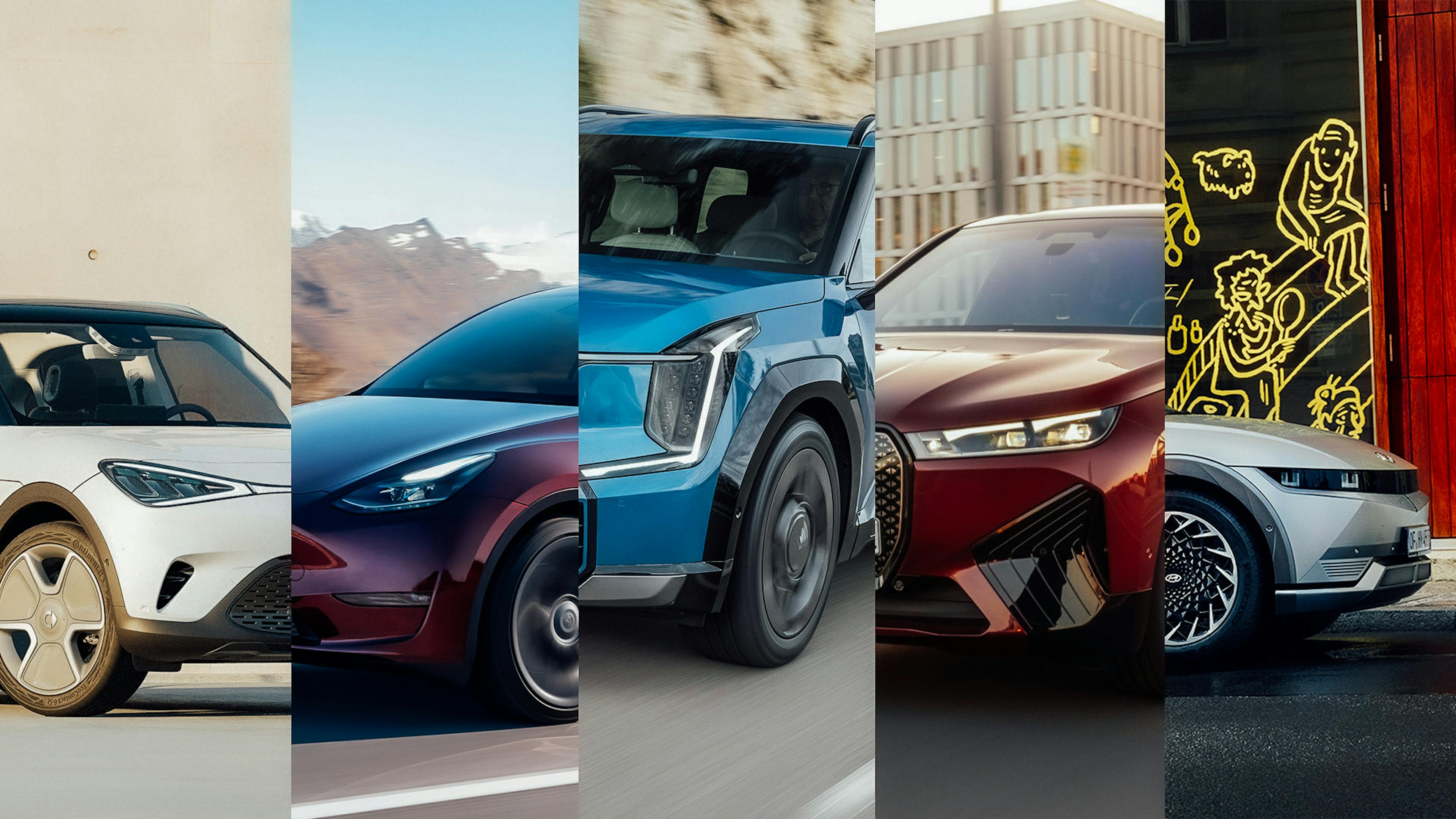 Eine Collage aus fünf modernen Elektroautos in verschiedenen Farben und Designs, teils in Bewegung, teils vor urbanen oder natürlichen Hintergründen.