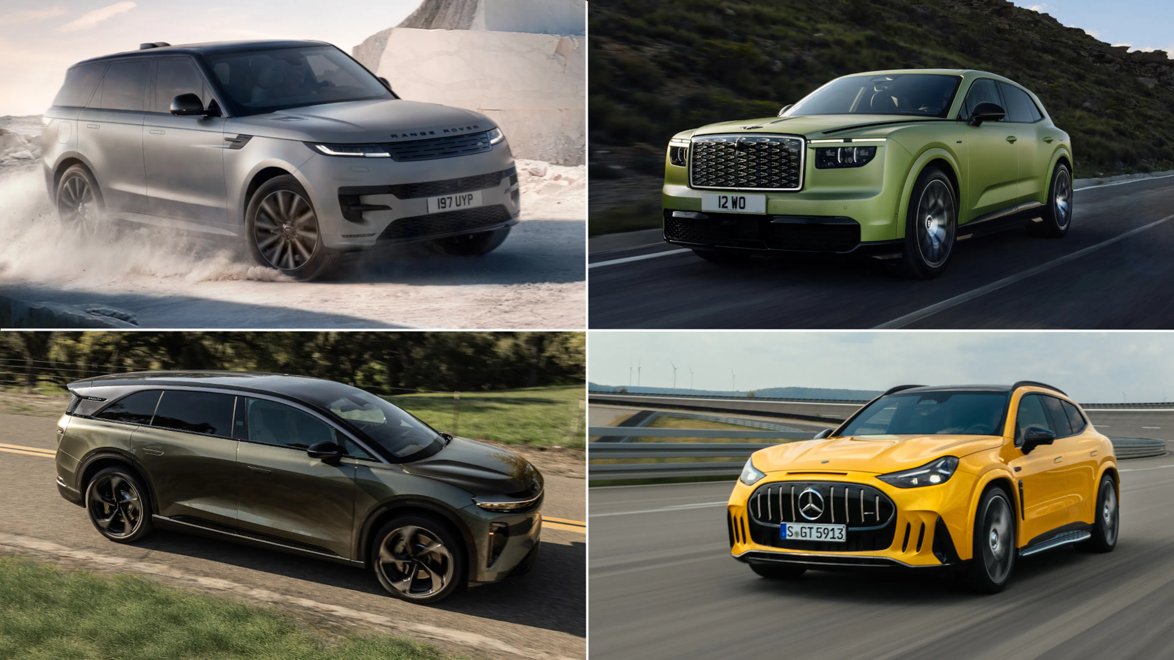 Bildcollage aus vier Elektro-SUV: grauer Range Rover Sport, hellgrüner Bentley Torcal, dunkelgrüner Lucid Gravity und gelber Mercedes-AMG GT SUV