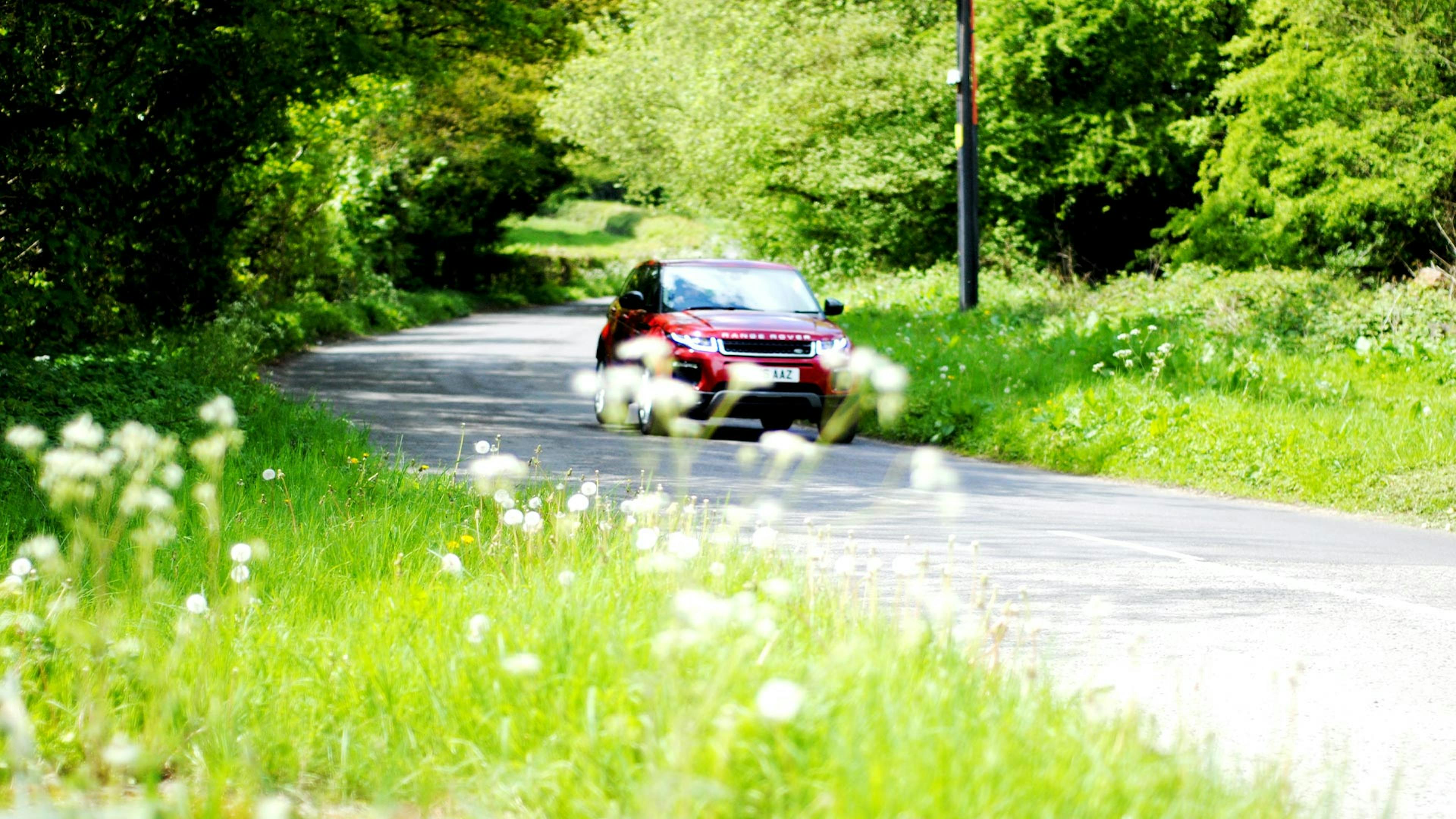 Ein roter Pkw fährt eine Landstraße entlang.