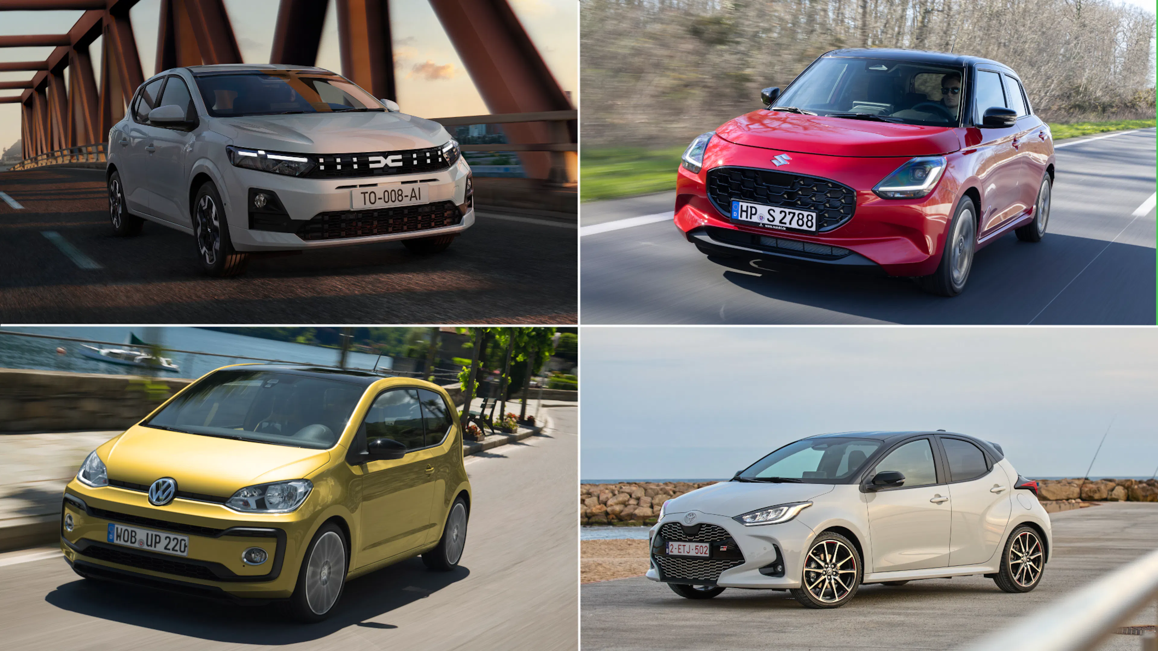 Collage aus vier Kleinwagen: oben links der weiße Dacia Sandero III, oben rechts der rote Suzuki Swift VII, unten links der gelbe VW up!, unten rechts der silberne Toyota Yaris XP21.