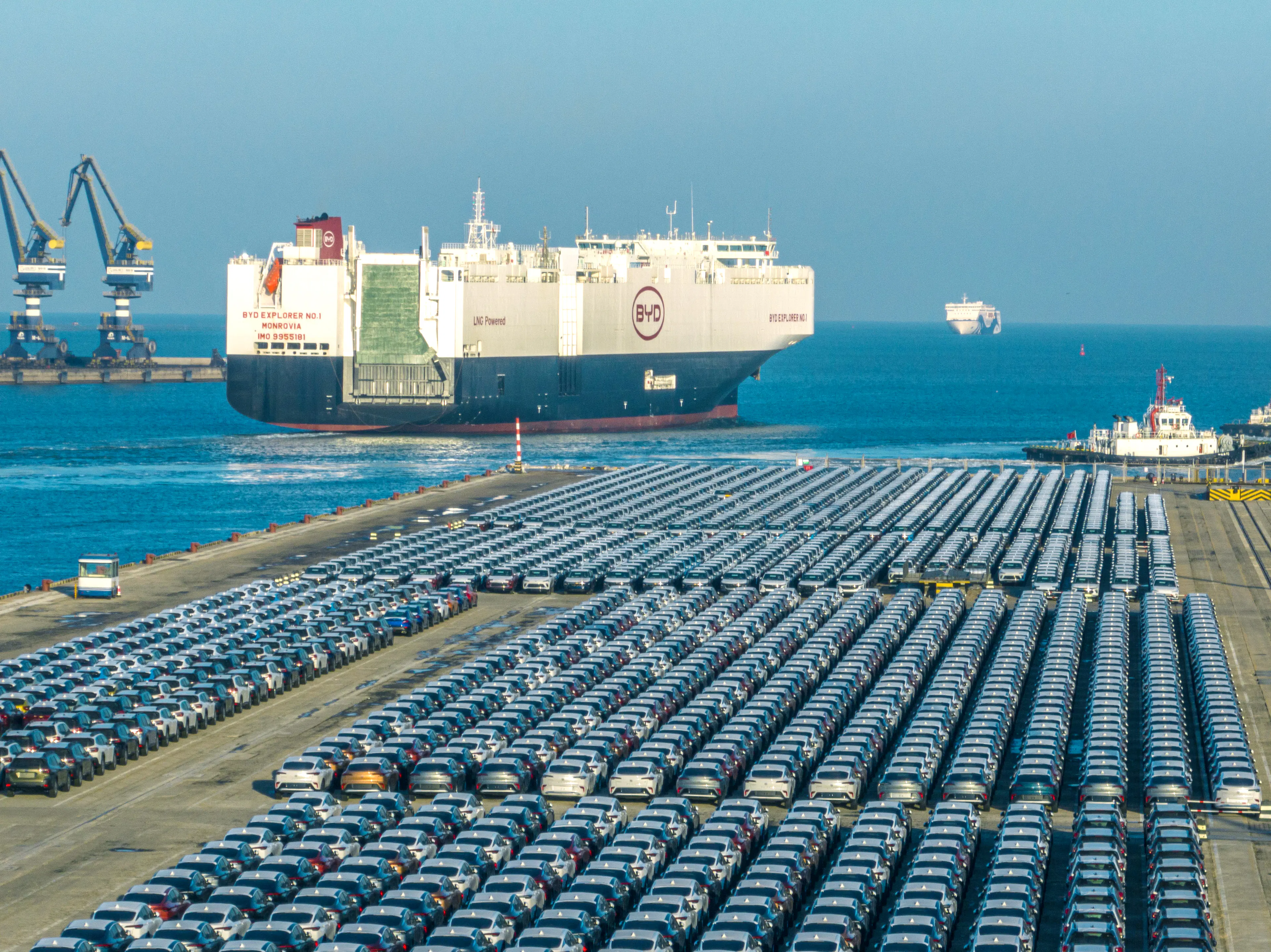 Ein Hafen mit in Reihe geparkten Neuwagen mit einem Transportschiff im Hintergrund.