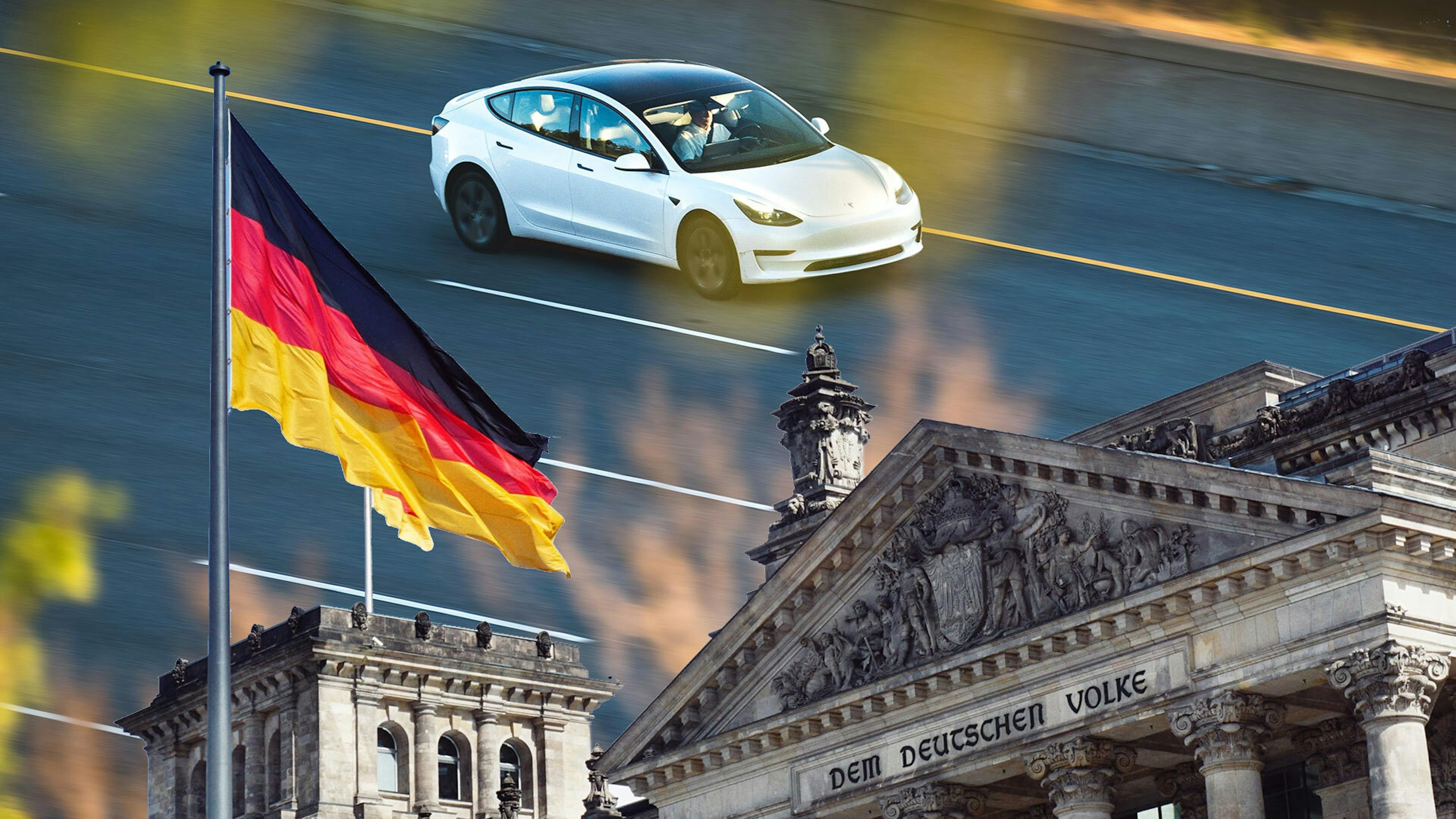 Ein weißes Tesla Model 3 und eine wehende Deutschland-Flagge vor dem Bundestag.