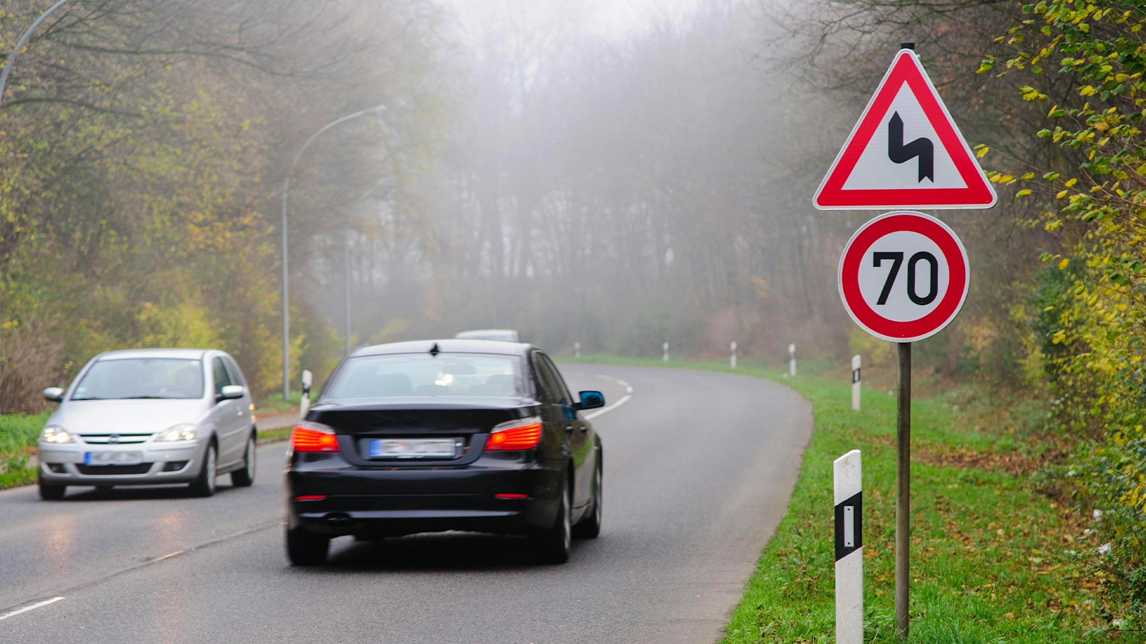 Blick auf eine Landstraße, an der ein Tempolimit-Schild und ein Warnschild aufgestellt sind.