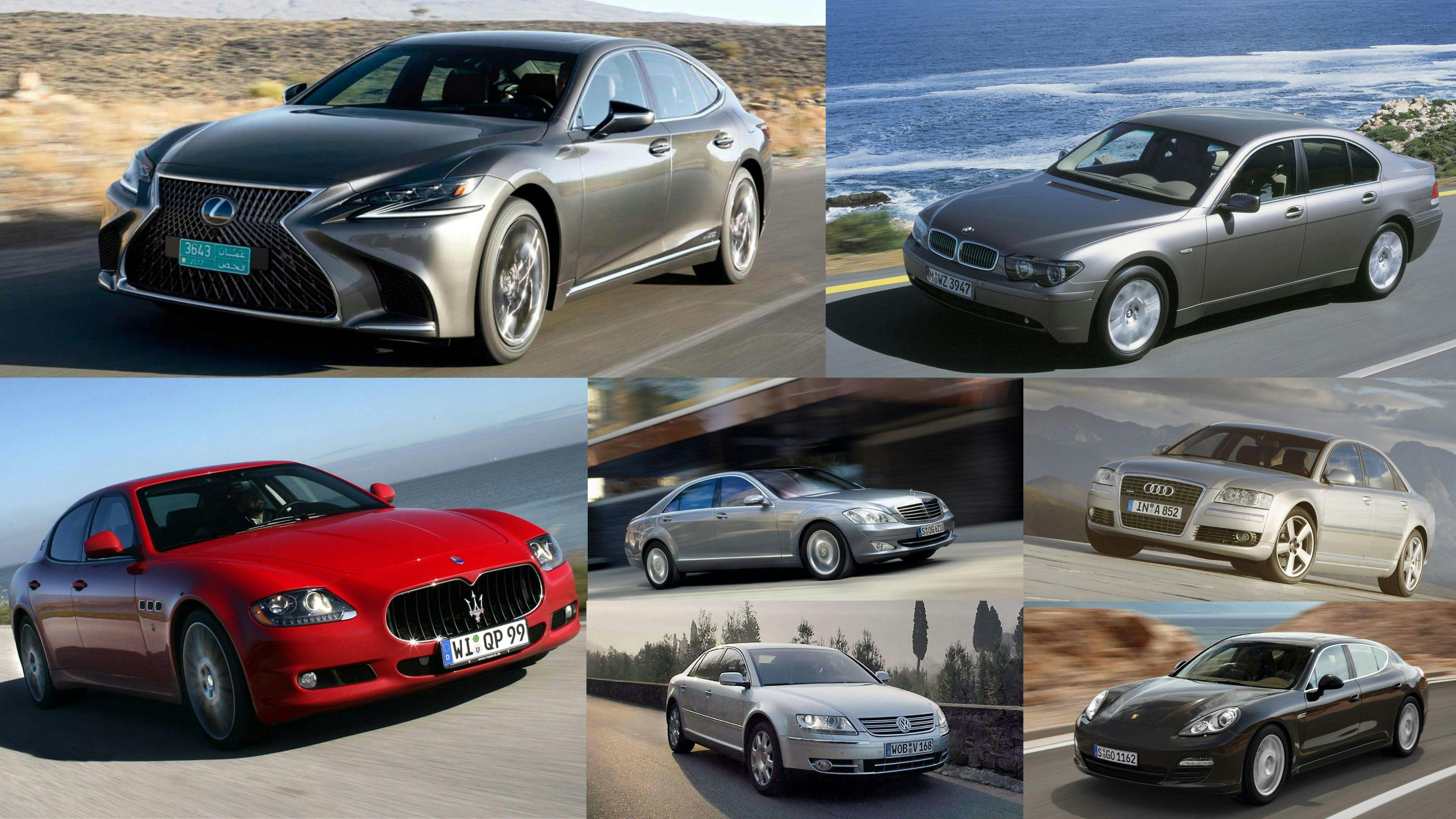 Fotomontage mit sieben Luxusautos verschiedener Hersteller.