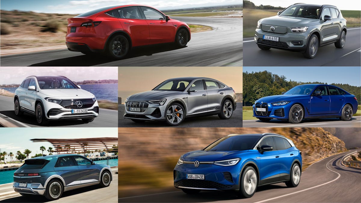 Fotomontage mit sieben Elektro-Autos mit Anhängerkupplung verschiedener Hersteller