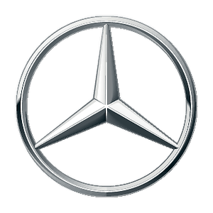 Silbernes Mercedes-Benz-Logo mit einem dreizackigen Stern in einem Kreis auf transparentem Hintergrund.