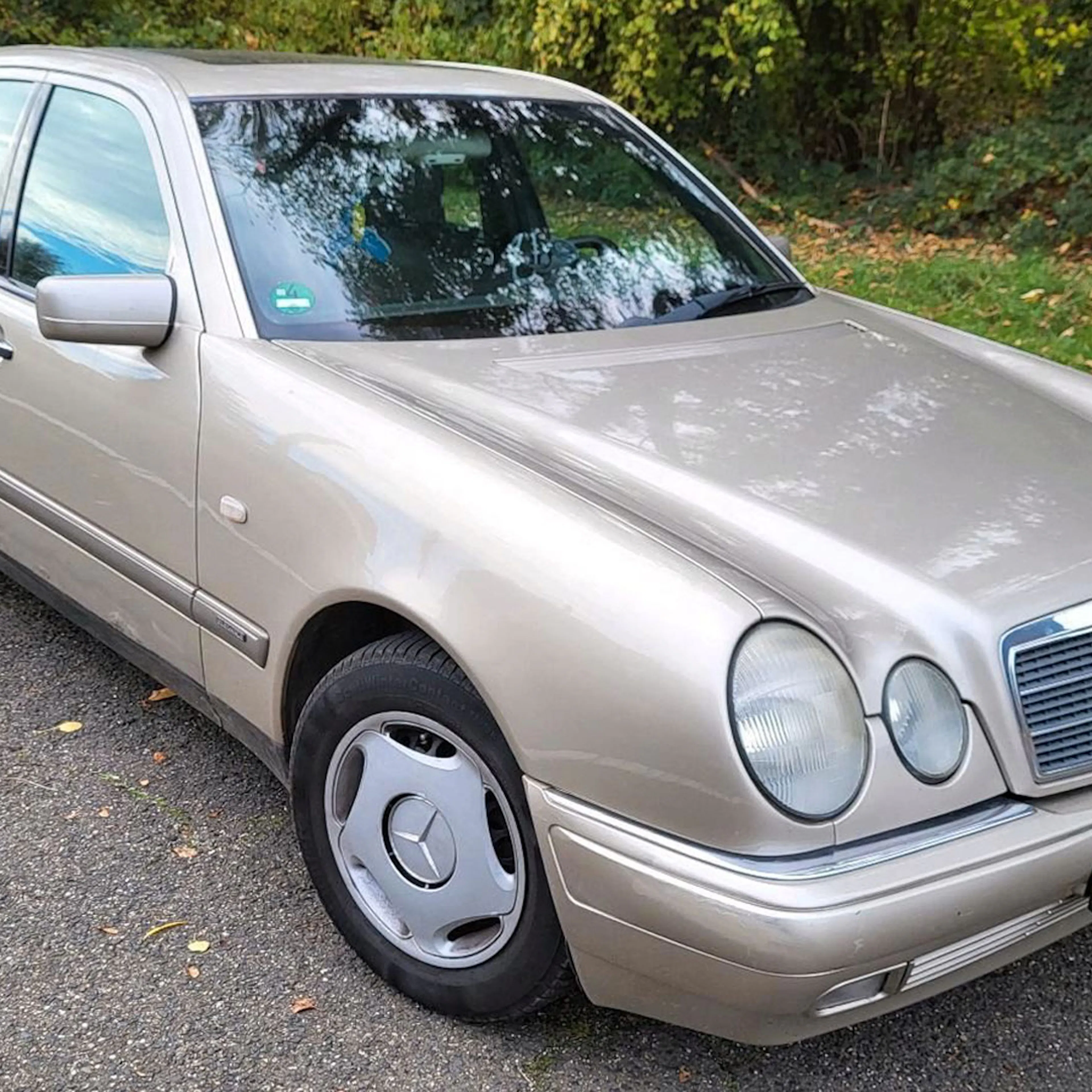 Eine silberne Mercedes-Benz E-Klasse steht an einem Straßenrand mit Grünflächen im Hintergrund.
