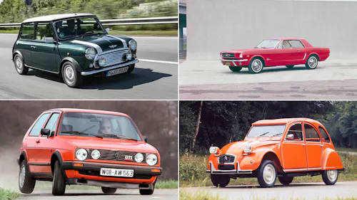 Bildcollage mit vier Klassikern: Mini Cooper MK VII in British Racing Green, roter Ford Mustang 1965, roter VW Golf II GTI und orangefarbener Citroën 2CV