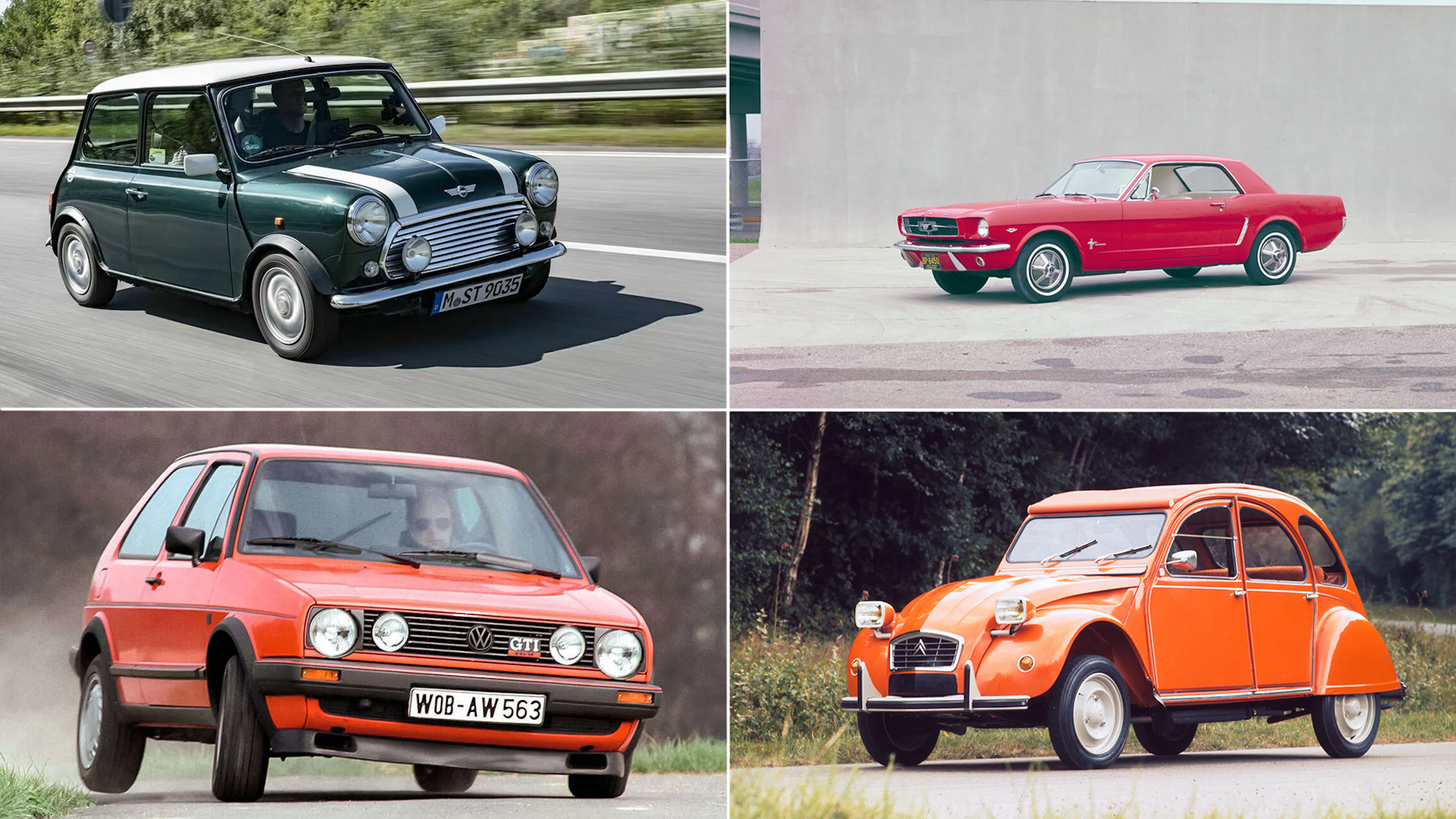 Bildcollage mit vier Klassikern: Mini Cooper MK VII in British Racing Green, roter Ford Mustang 1965, roter VW Golf II GTI und orangefarbener Citroën 2CV