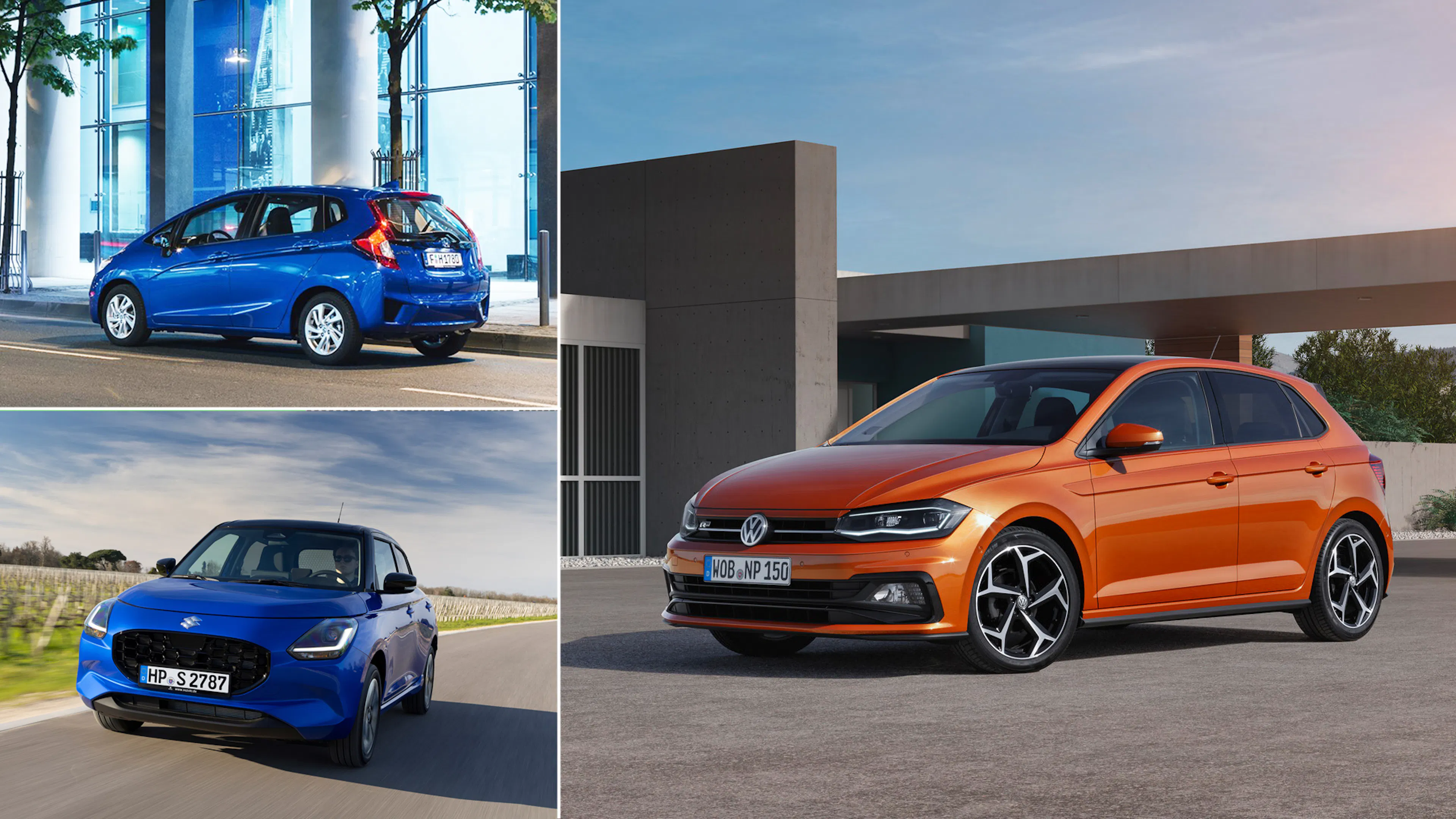 Zuverlässige Anfängerautos: Eine Bildcollage zeigt einen Honda Jazz, einen Suzuki Swift und einen VW Polo.