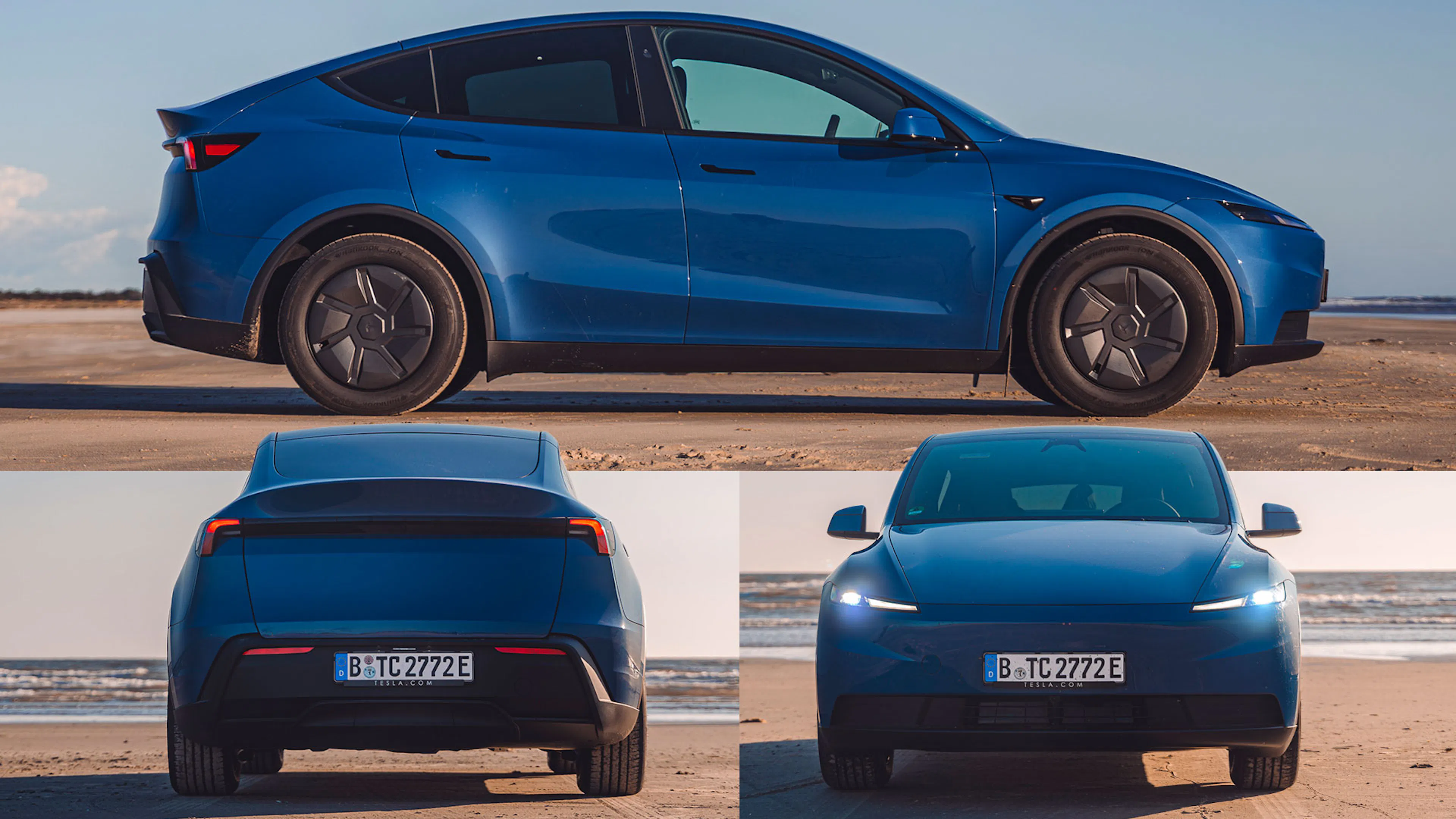 Drei Perspektiven eines blauen Tesla Model Y: Seite, hinten und vorn, die Scheinwerfer sind eingeschaltet.