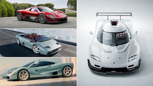 Collage aus vier Supersportwagen: Gordon Murray S1, Eccentrica V12 Roadster, McLaren McL 6GT und Koenigsegg CCGT1