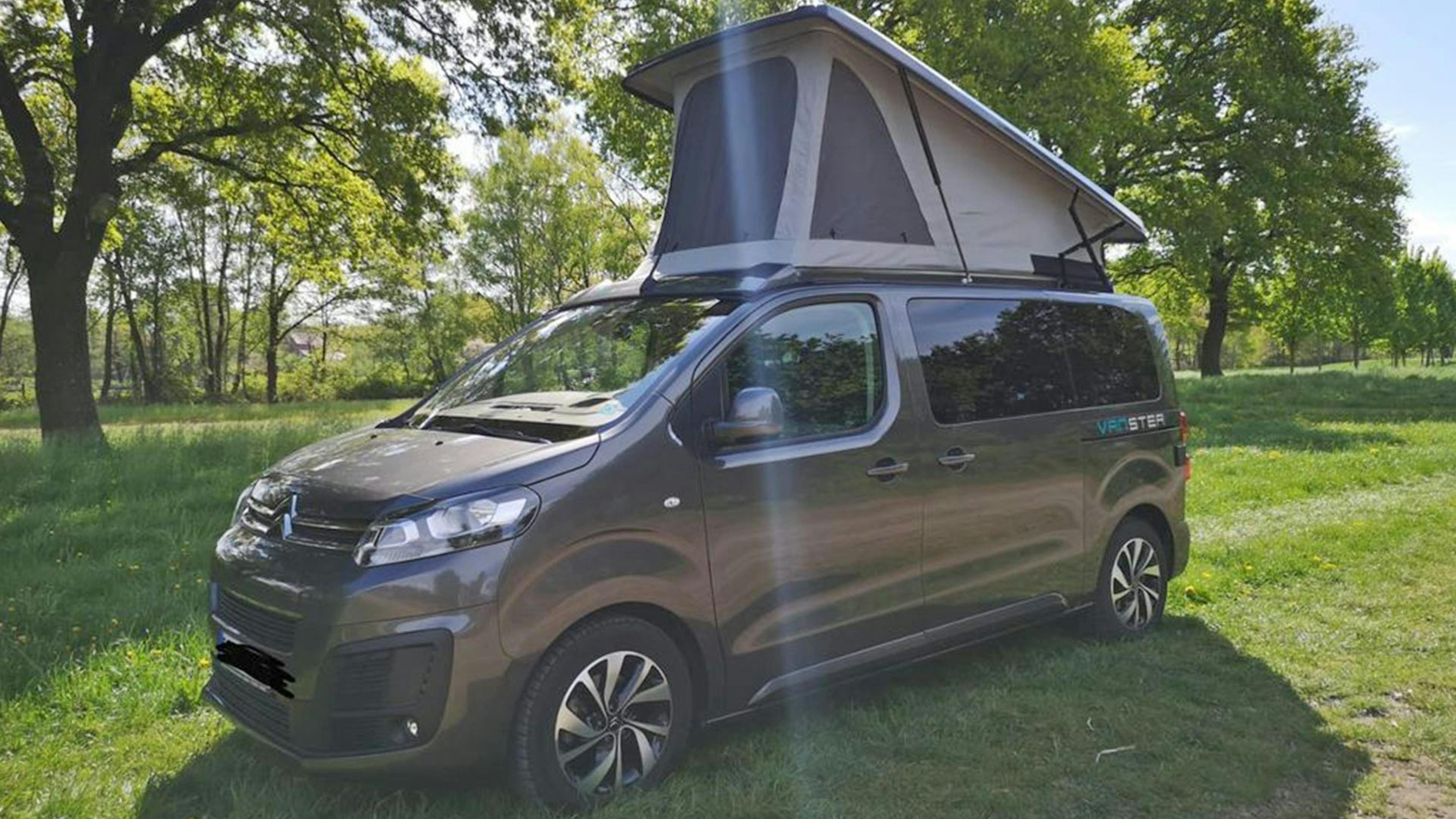 Das günstige Wohnmobil Pössl Vanster in Braun steht auf einer Wiese