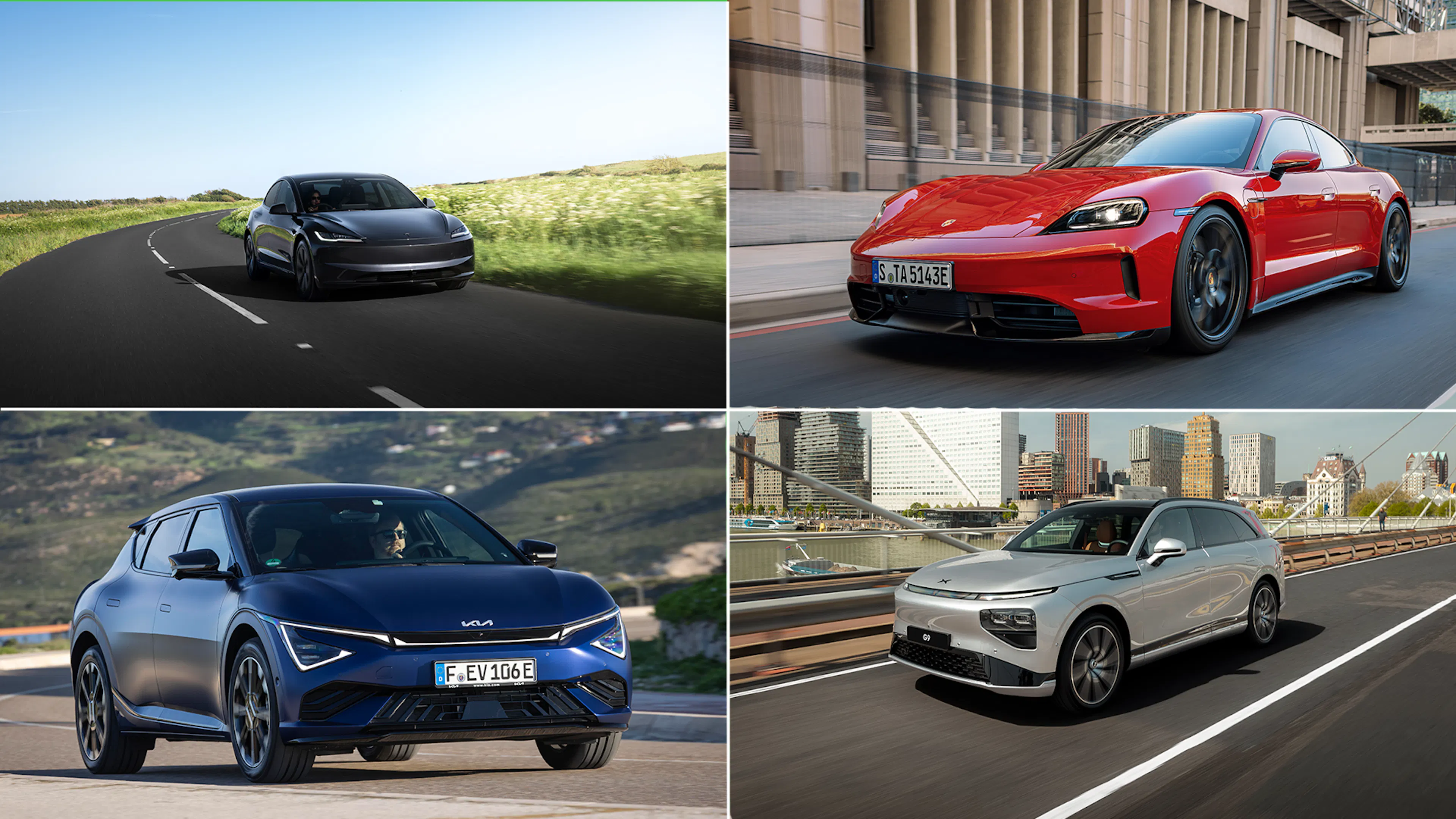 Eine Collage aus vier Autos: Tesla Model 3, Porsche Taycan, Kia EV6, Xpeng G9