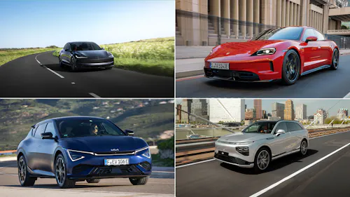 Eine Collage aus vier Autos: Tesla Model 3, Porsche Taycan, Kia EV6, Xpeng G9
