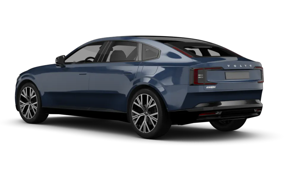 Freisteller eines Volvo ES90 in Denim Blue Metallic - Ansicht schräg hinten