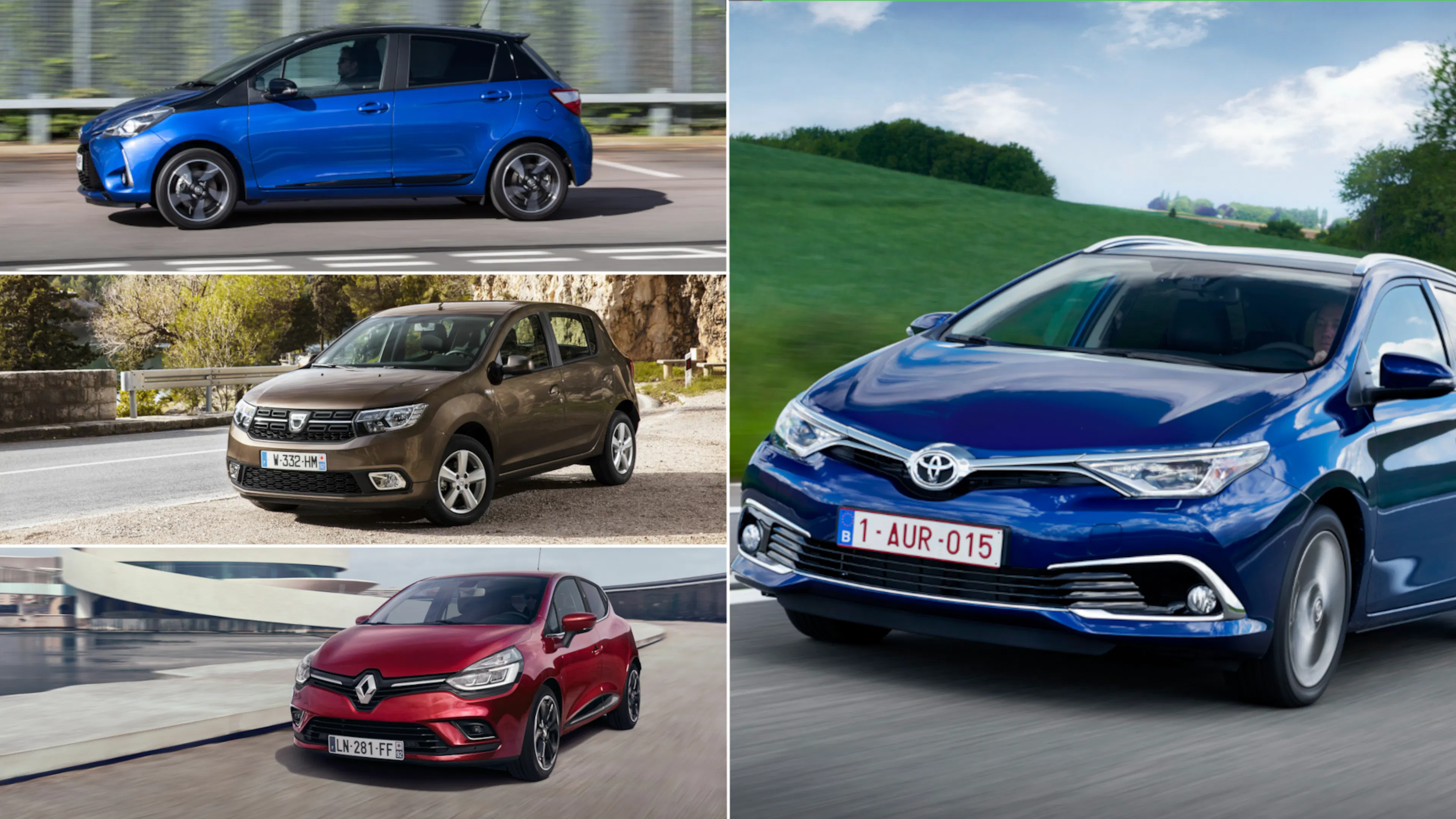Bildmontage mit vier Kleinwagen: ein blauer Toyota Yaris, ein brauner Dacia Sandero, ein roter Renault Clio und ein blauer Toyota Auris Touring Sports.