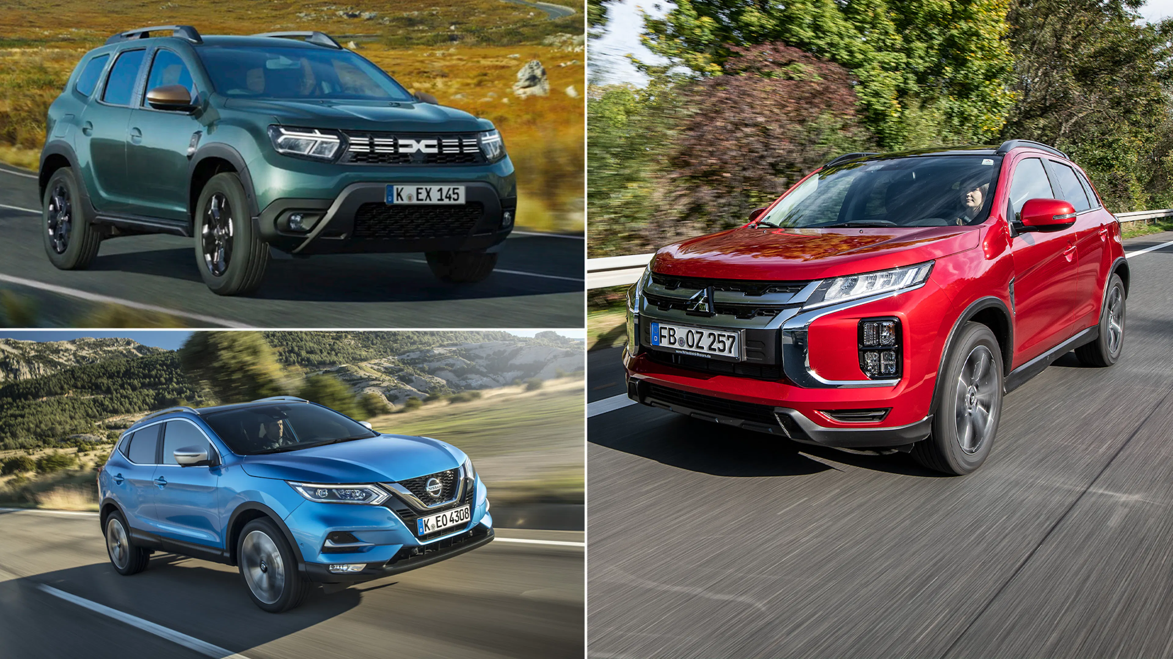 Collage aus drei SUV-Modellen: Dacia Duster II in Grün, Nissan Qashqai J11 in Blau und Mitsubishi ASX in Rot