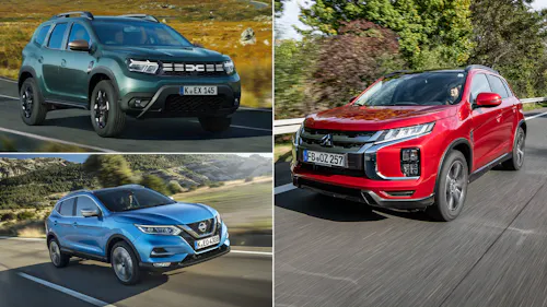 Collage aus drei SUV-Modellen: Dacia Duster II in Grün, Nissan Qashqai J11 in Blau und Mitsubishi ASX in Rot