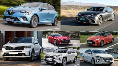 Fotomontage mit sieben Hybrid-Autos verschiedener Automarken.