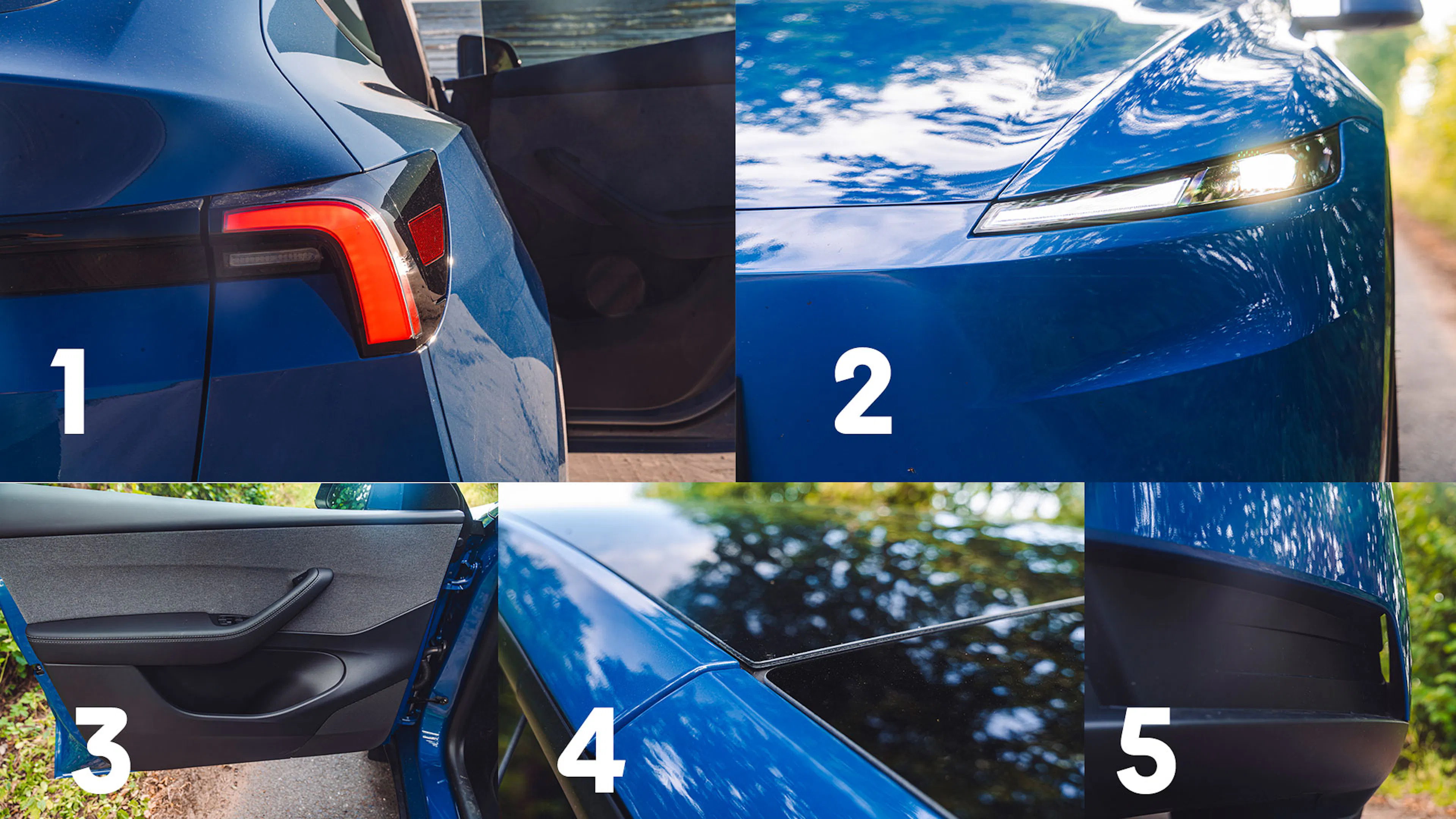 Collage aus fünf Bildern mit den Änderungen des Basis-Tesla-Model-Y im Vergleich zur Premium-Variante: Leuchtendesign, Türverkleidung, Glasdach mit Stoffbezug und neue Frontschürze.