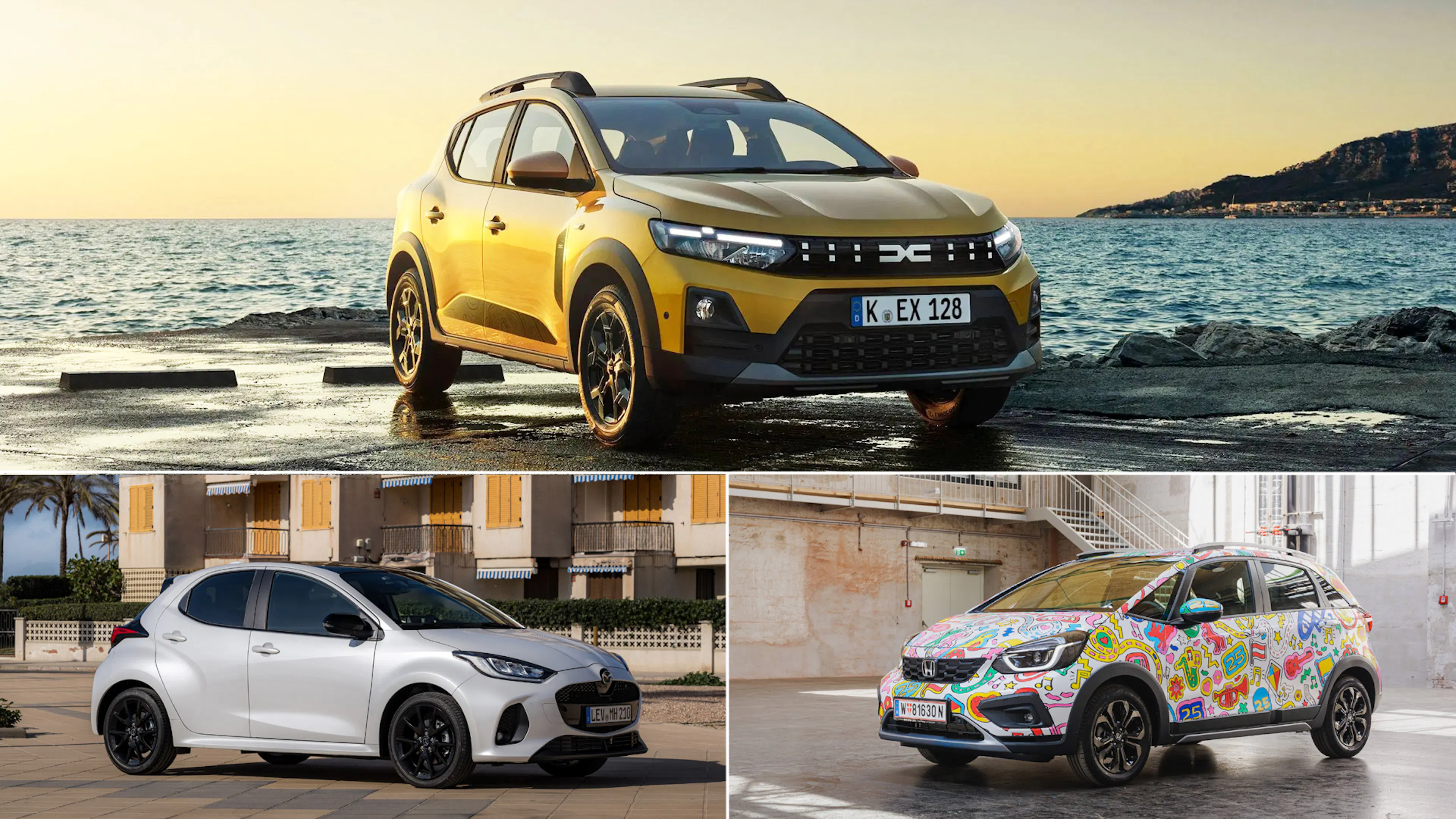 Collage aus drei Kleinwagen: goldgelber Dacia Sandero Stepway Hybrid 155 am Meer, weißer Mazda2 Hybrid mit schwarzen Felgen vor einem Wohnhaus und Honda Jazz mit bunter Folierung in einer Halle.