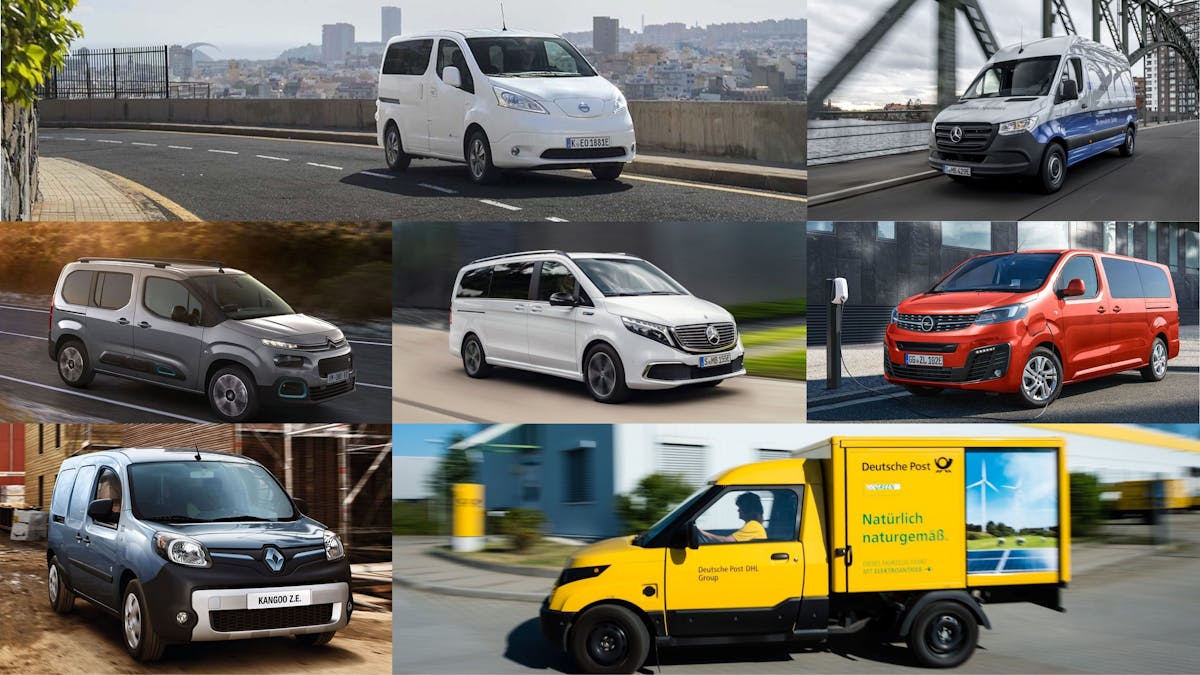 Fotomontage mit sieben Elektrotransportern verschiedener Hersteller