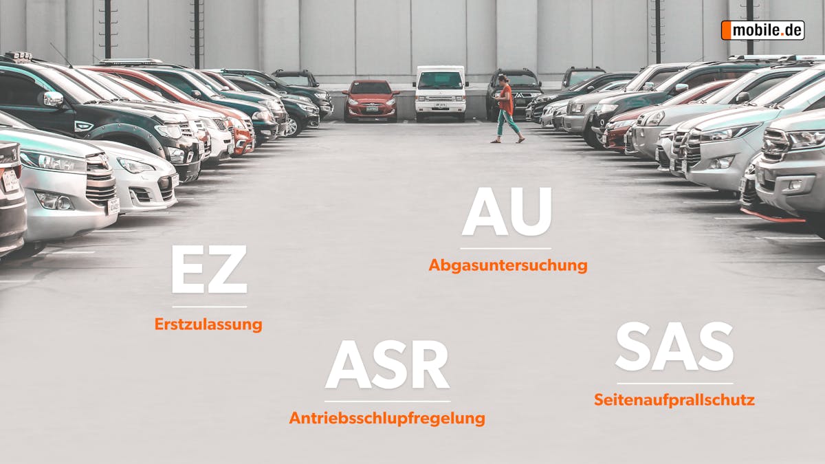 Eine Grafik mit Kfz-Abkürzungen über einem Bild, das einen voll belegten Parkplatz zeigt