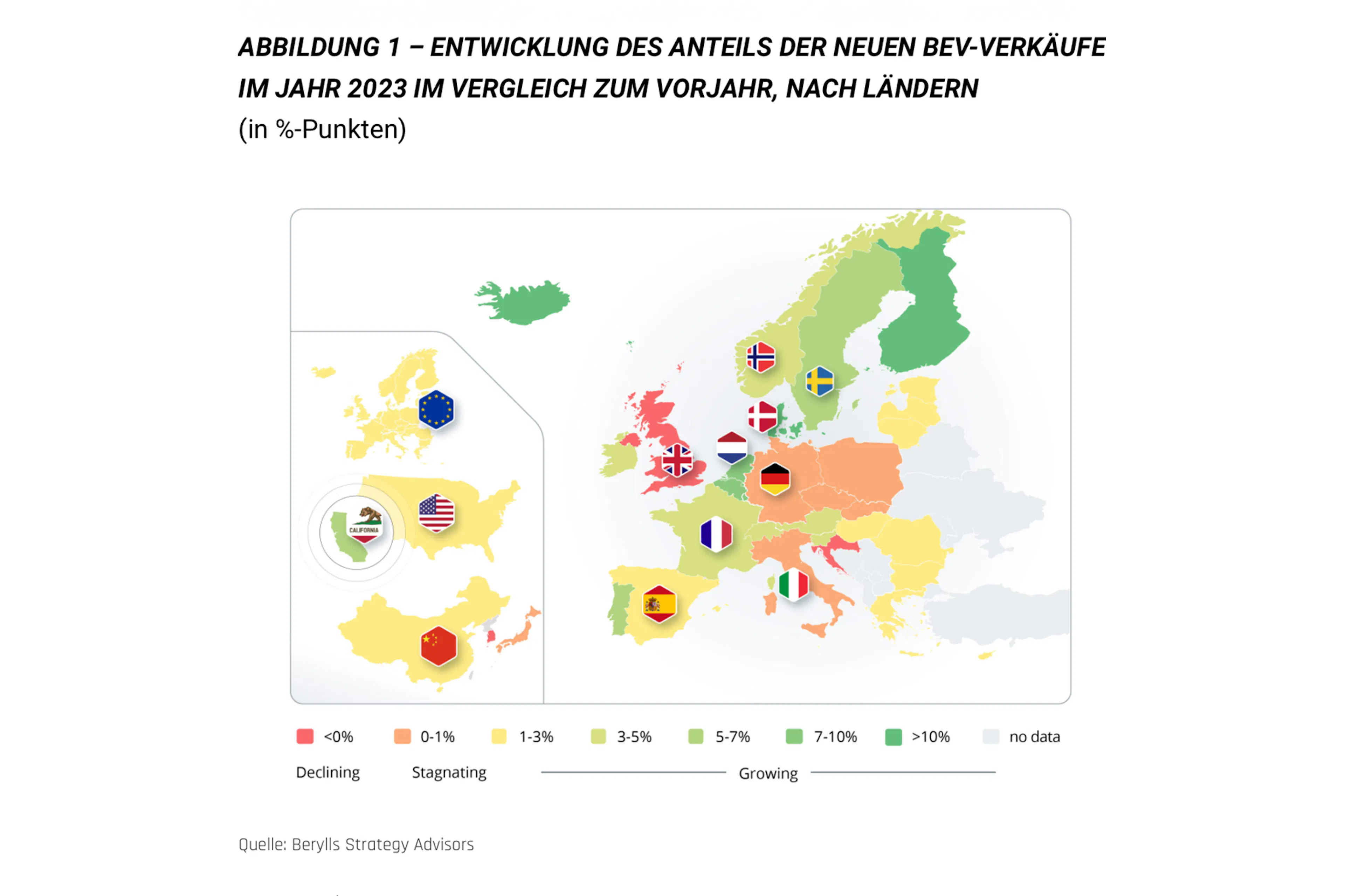 Eine Statistik mit einer Karte der EU zu BEV-Verkäufen in 2023.