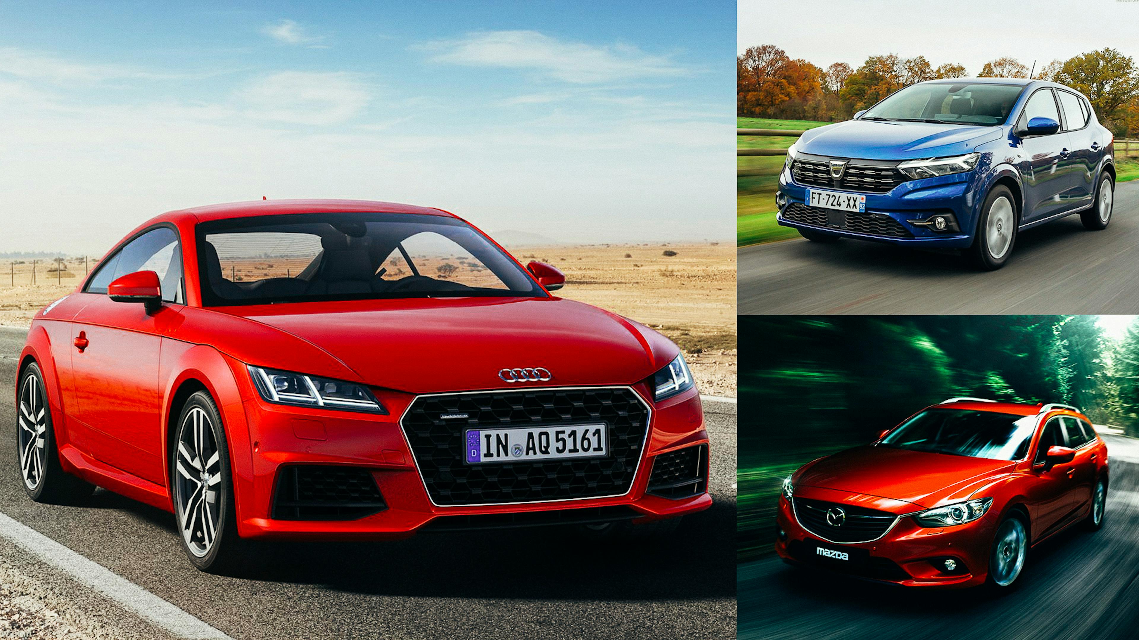 Ein roter Audi TT, ein blauer Dacia Sandero und ein roter Mazda6 sind in einer Montage abgebildet.