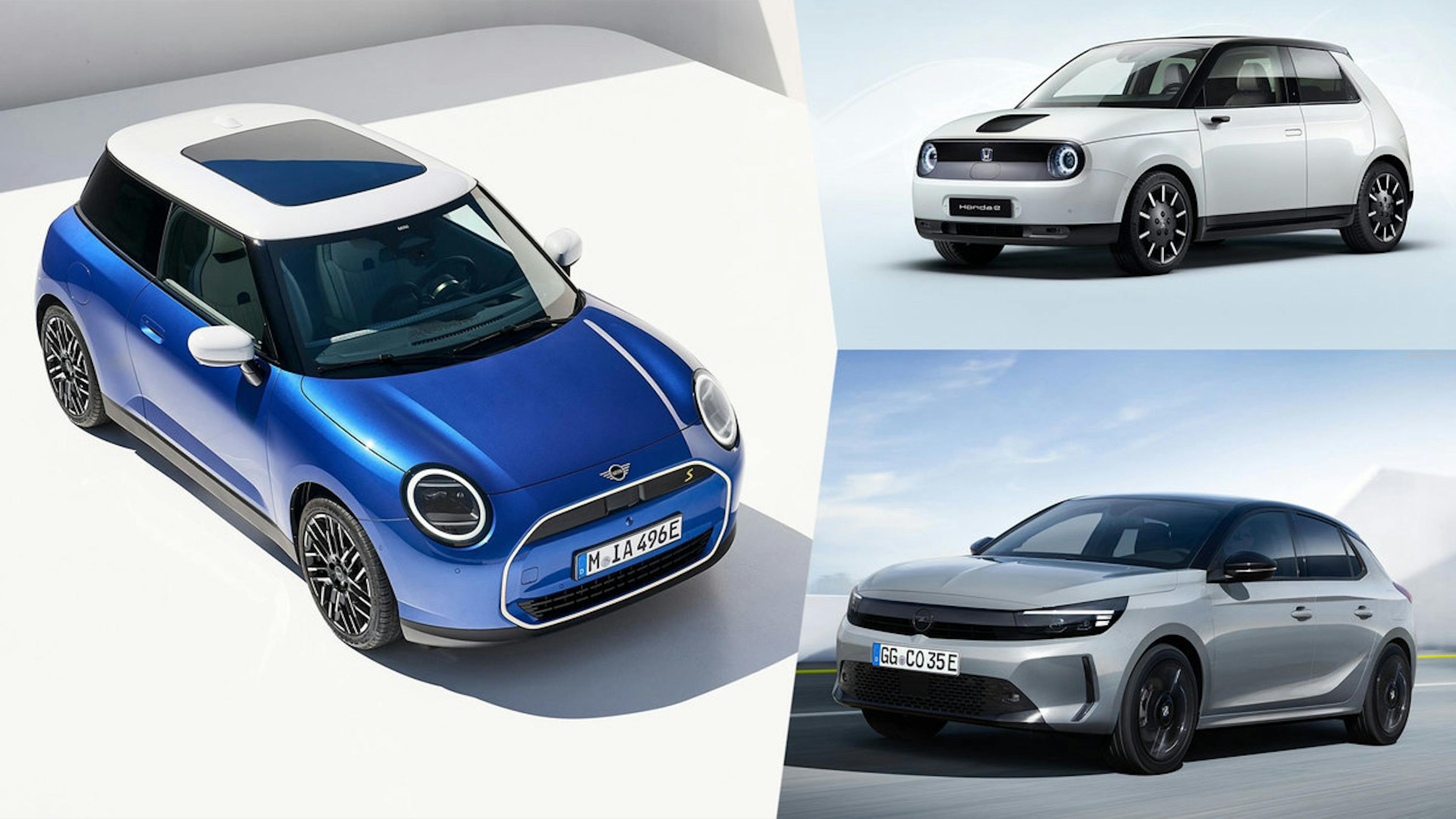 Fotomontage mit dre Elektro-Kleinwagen verschiedener Hersteller.