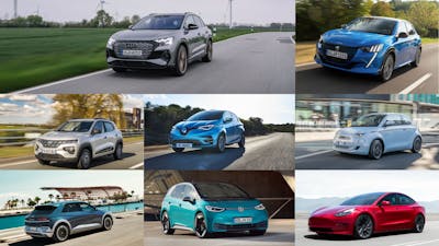 Fotomontage mit acht Elektroautos verschiedener Automarken.